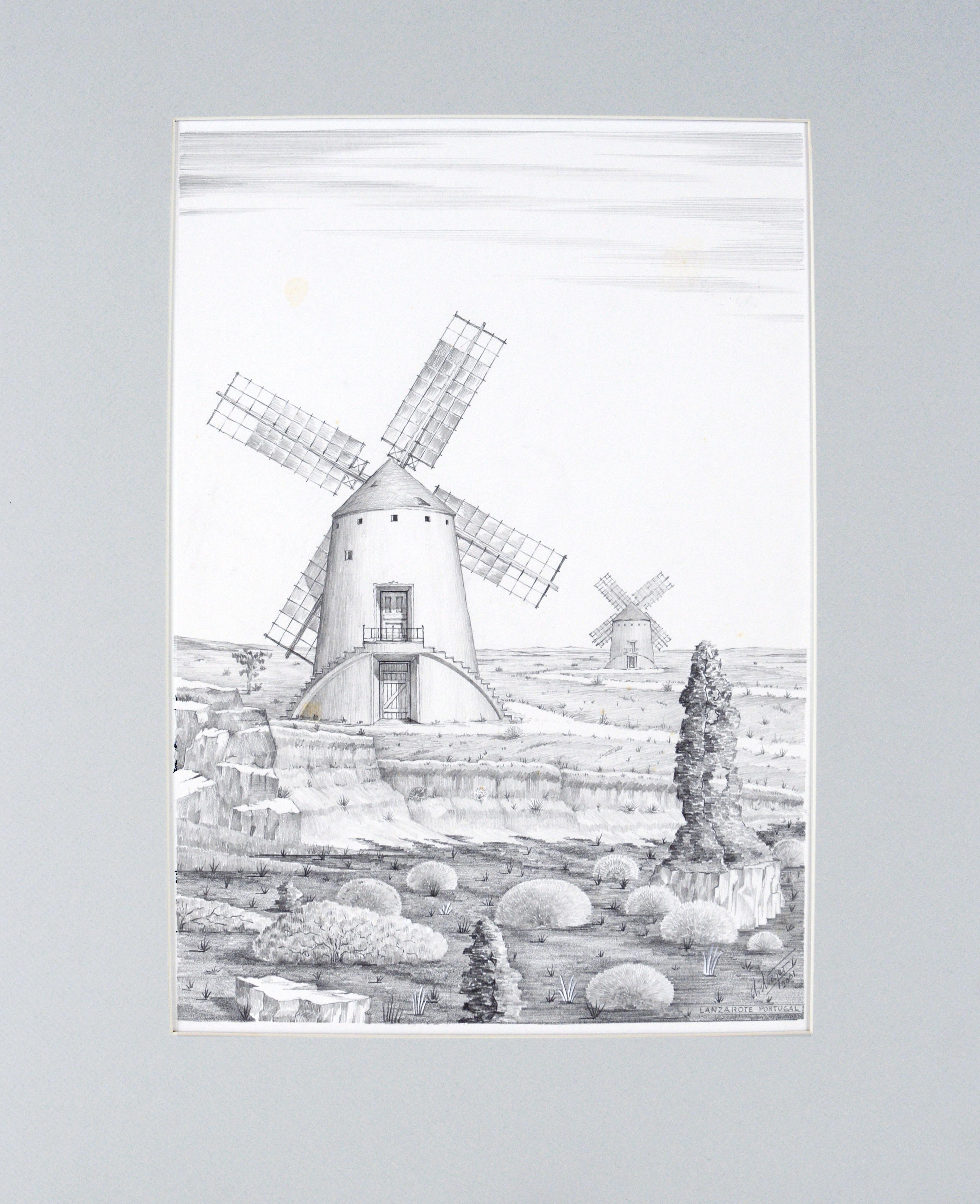 M Mayer Landscape Art - Lanzarote, Portugal - Hyper Realistic Windmill Illustration