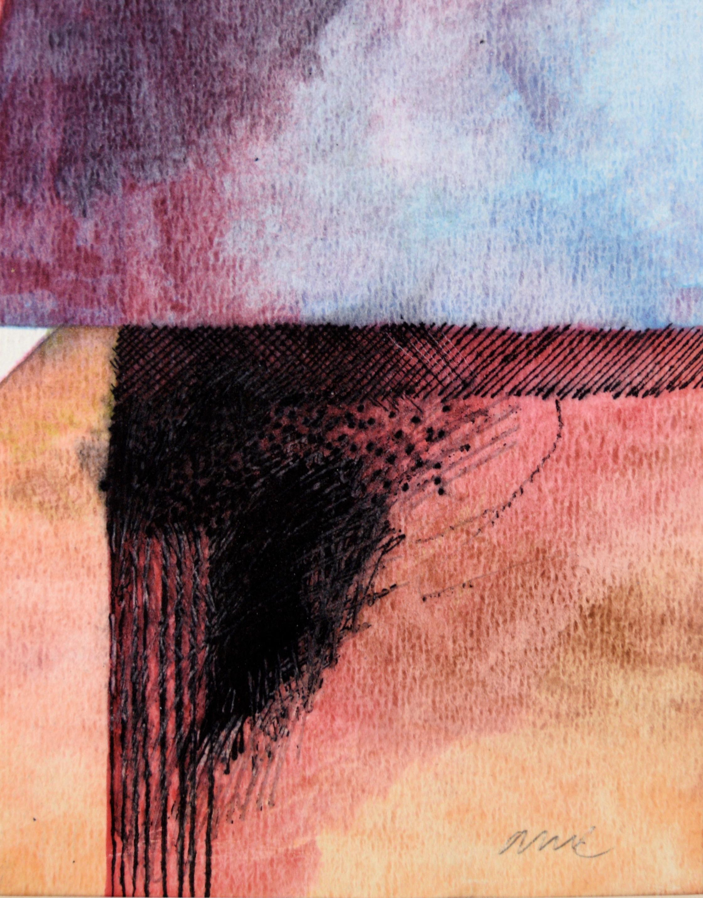Abstrait aux couleurs vives de Michael William Eggleston (américain, 20e siècle). L'utilisation par Eggleston de différents médiums et techniques se retrouve dans cette œuvre abstraite. Dans le noir en haut à gauche, des lignes sont créées dans une