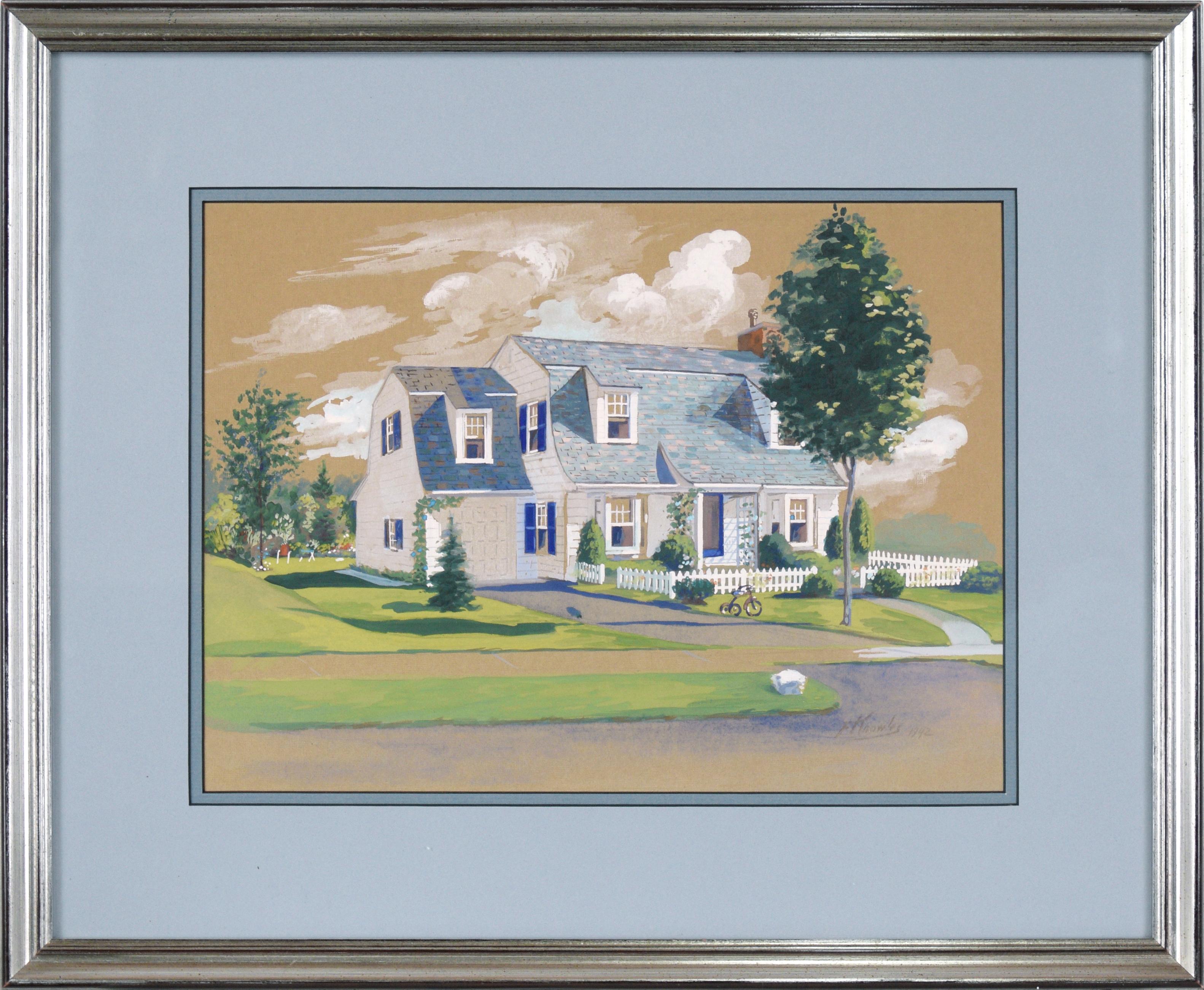 F. Knowles Landscape Art - Architectural Illustration of Cape Cod Style Barn House with Dormers in Gouache 