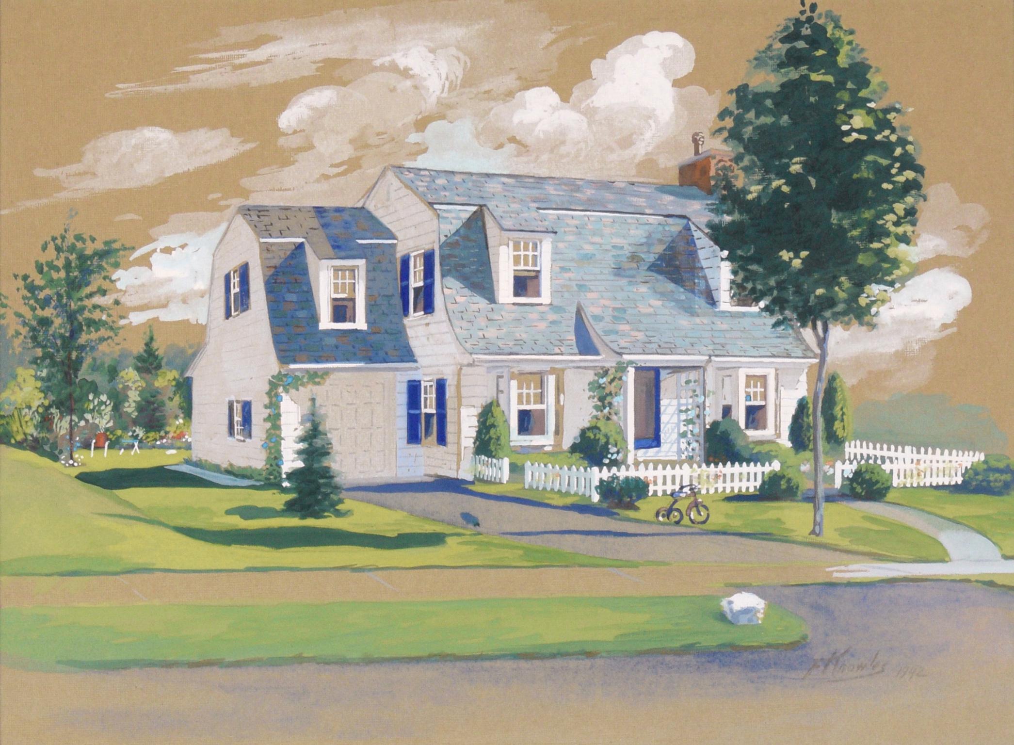 Architektonische Illustration eines Scheunenhauses im Cape Cod-Stil mit Dormers in Gouache  – Art von F. Knowles
