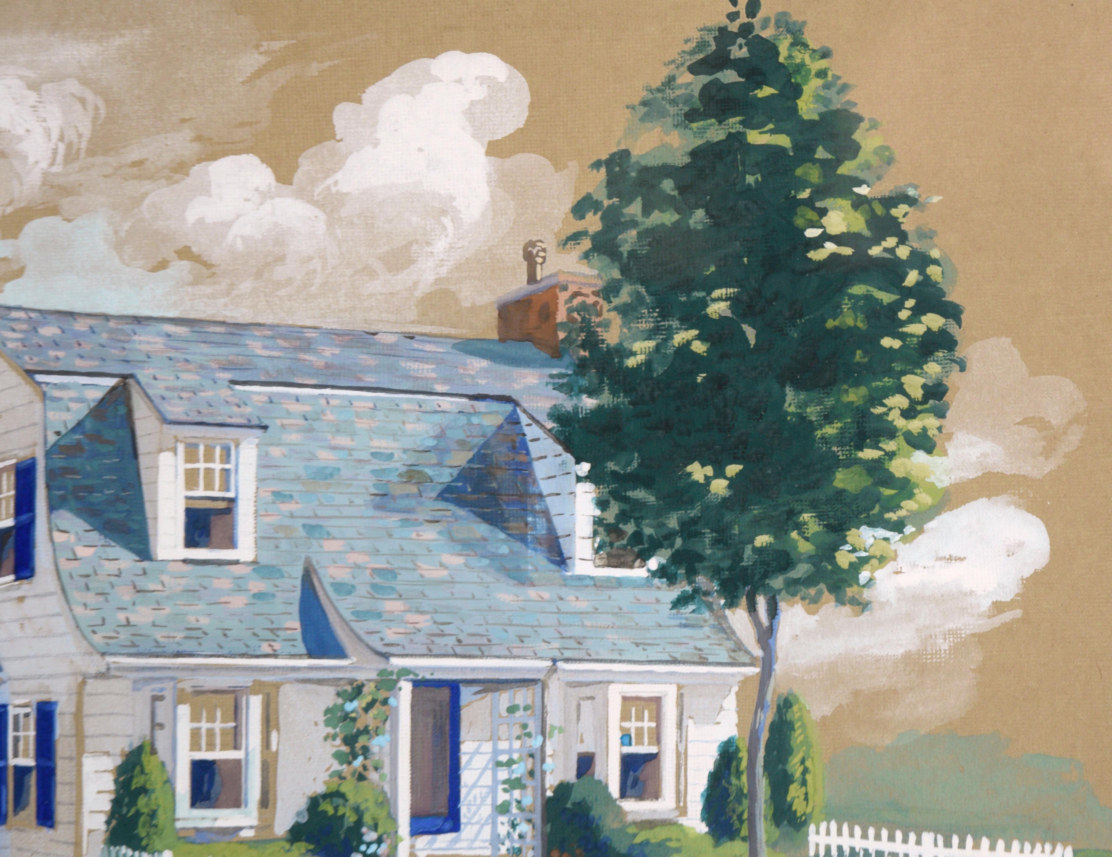 Architektonische Illustration eines Scheunenhauses im Cape Cod-Stil mit Dormers in Gouache

Detaillierte, idyllische Illustration eines zweistöckigen Vorstadthauses von F. Knowles (20. Jahrhundert). Ein Haus mit weißer Fassade, blauen Fensterläden