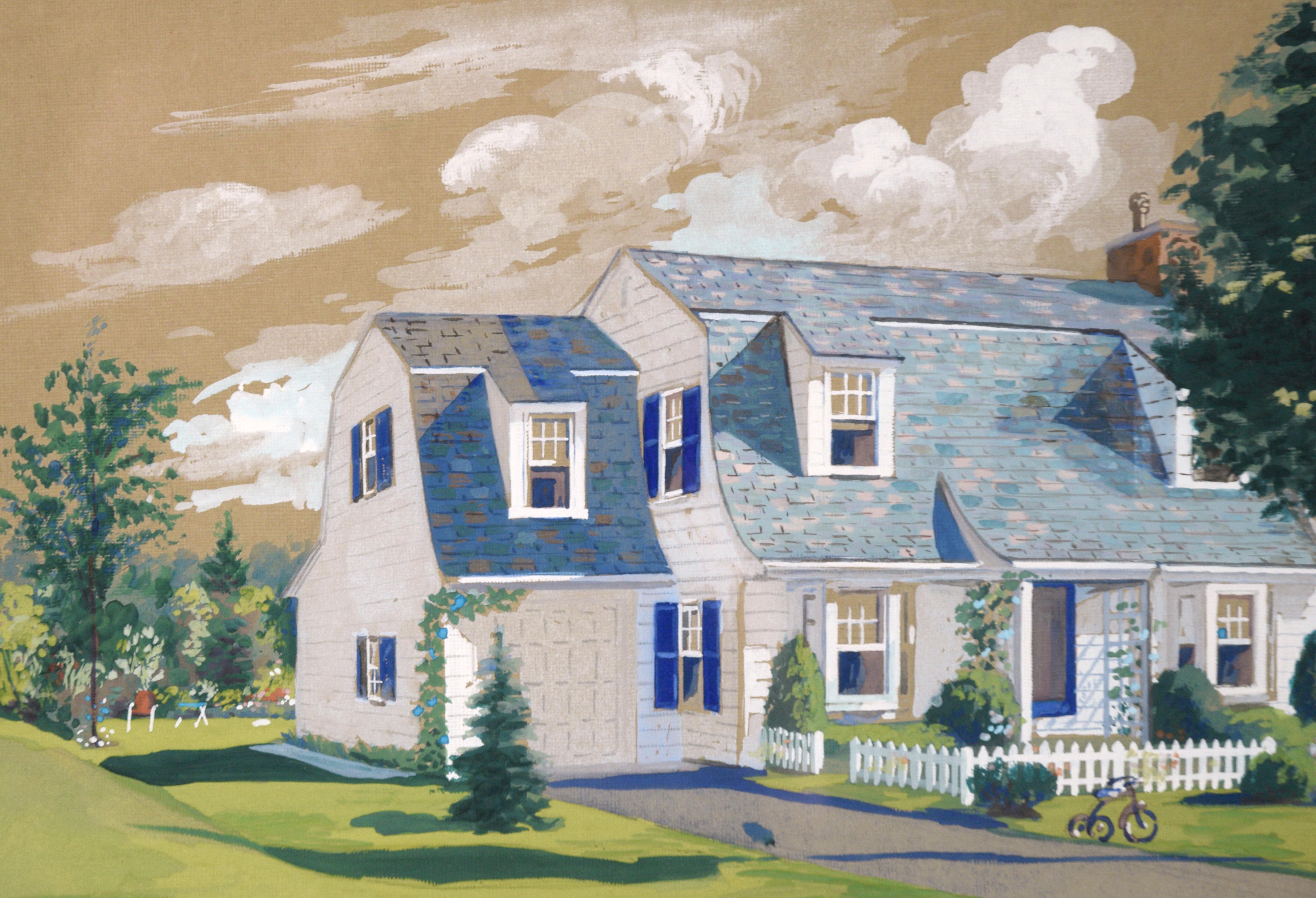 Architektonische Illustration eines Scheunenhauses im Cape Cod-Stil mit Dormers in Gouache  (Fotorealismus), Art, von F. Knowles