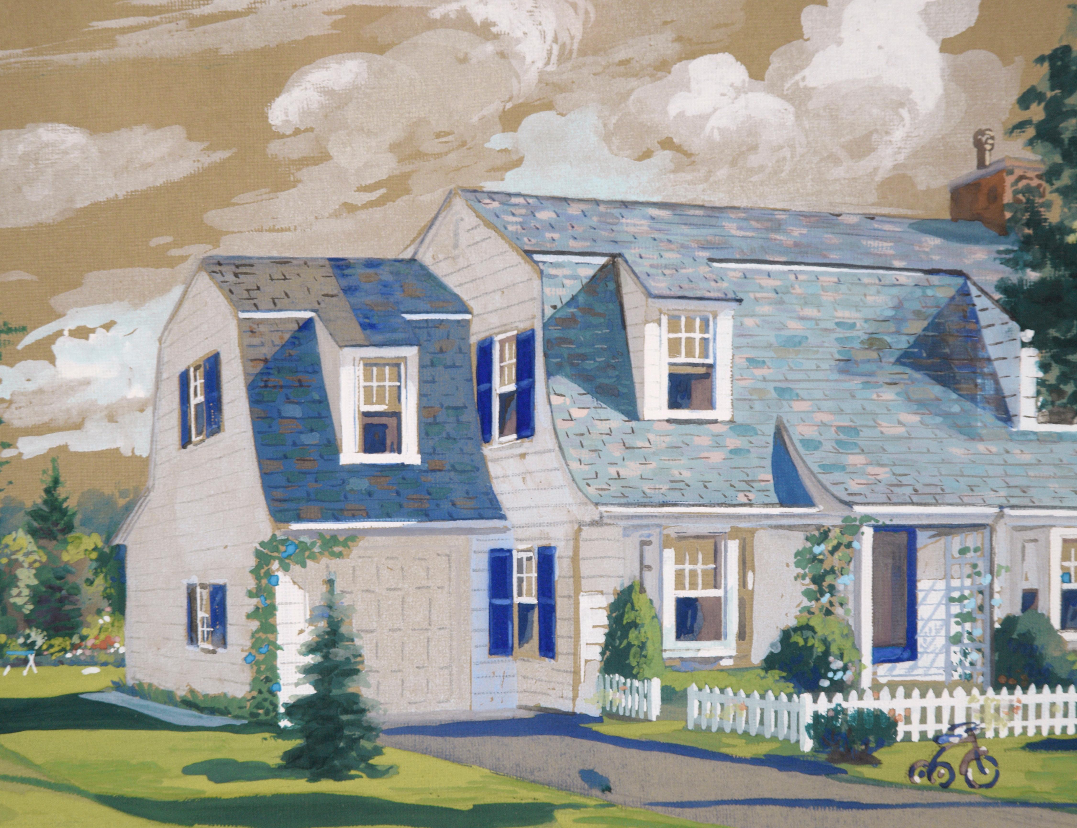 Architectural Illustration of Cape Cod Style Barn House with Dormers in Gouache  For Sale 1