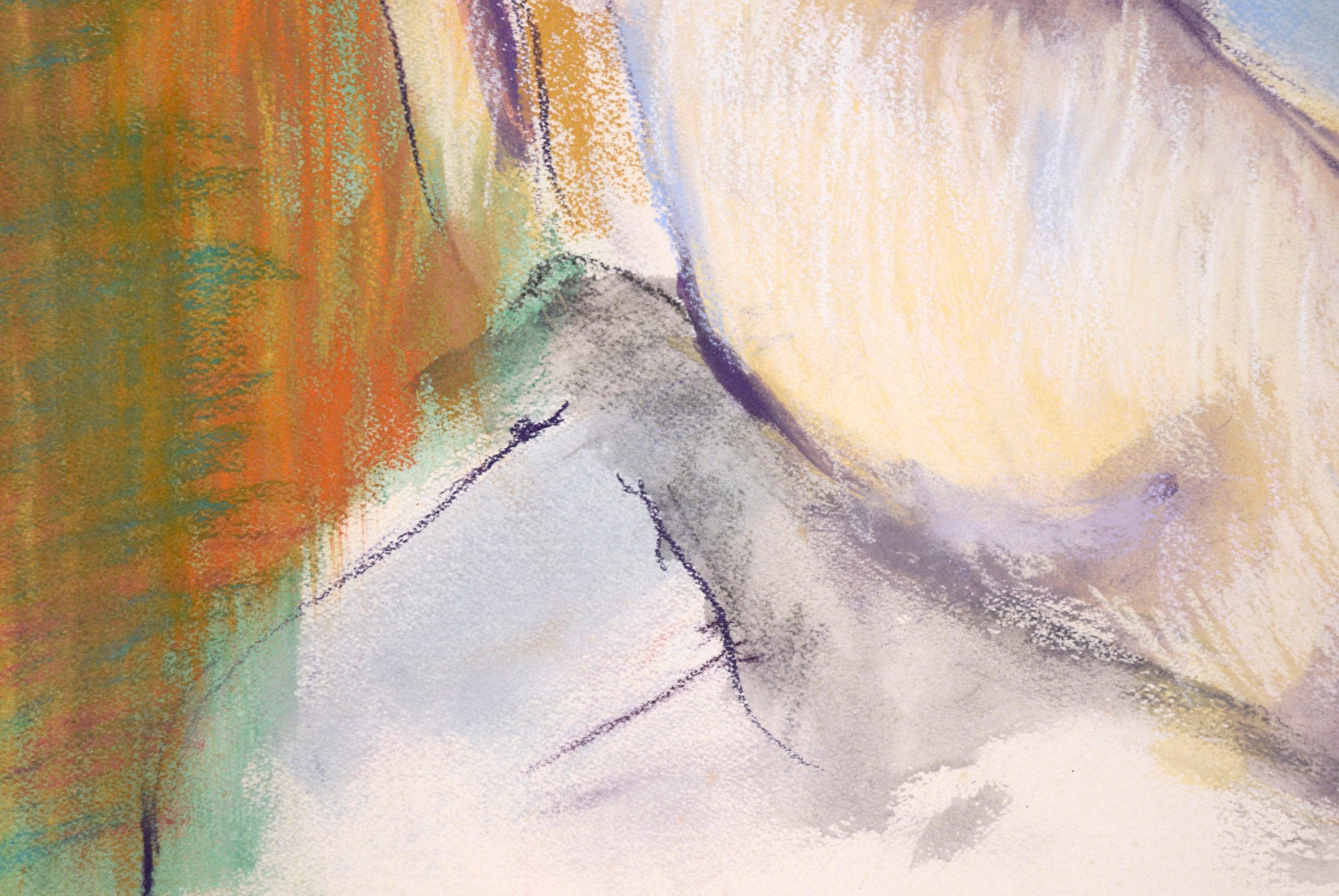 Standing Female Figurative Nude in Watercolor and Pastel on Paper

A woman is depicted standing, presumably pregnant, in the nude with her hand on the small of her back. The artist uses watercolor in cool tones as a base with dramatic strokes of