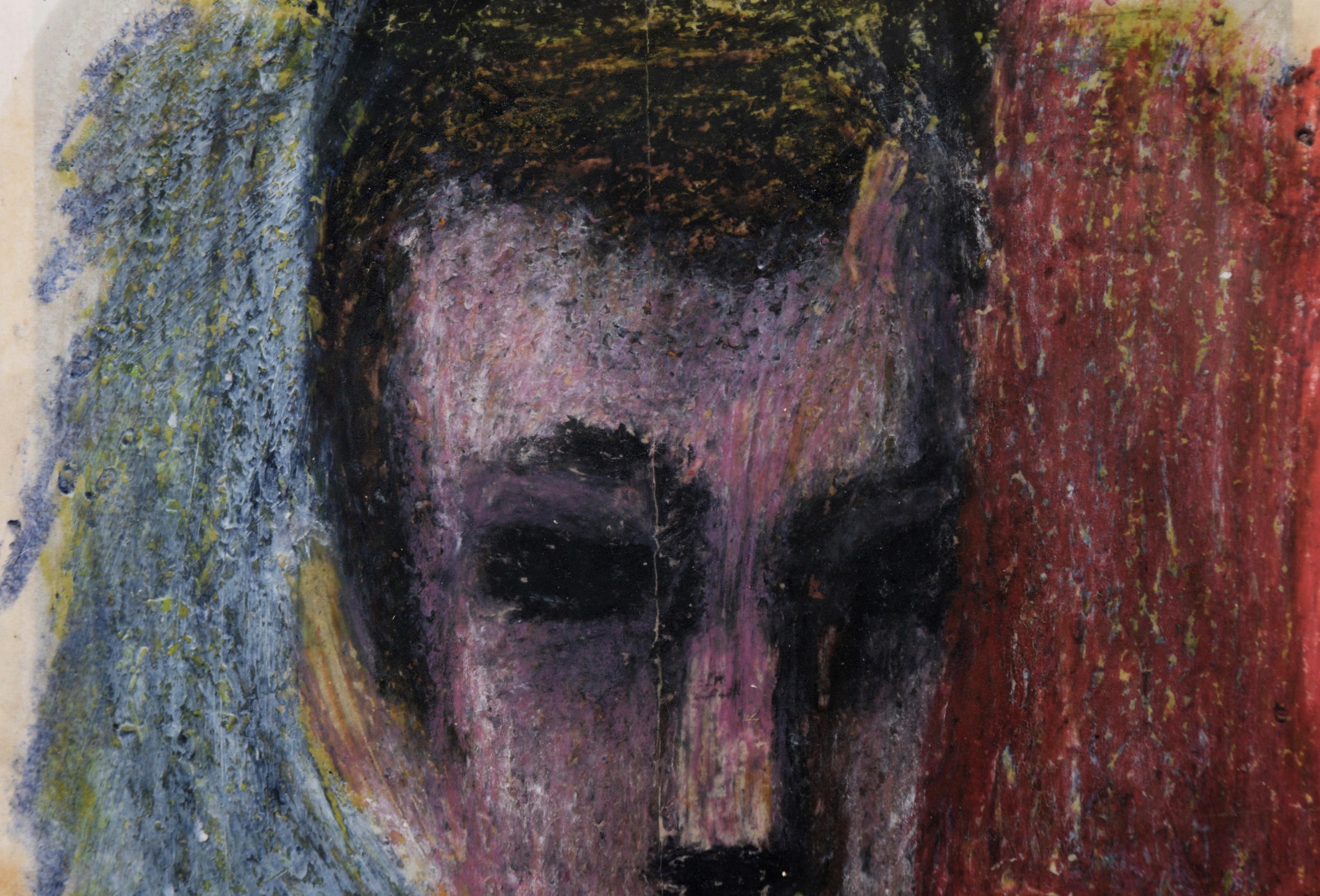 Expressionist Portrait of a Man in a Suit in Pastel on Paper

Moody portrait of a man with dark hair by an unknown artist (20th Century). The man is shown with an elongated face and dark, deep-set eyes. He is wearing a dark suit and tie, with a
