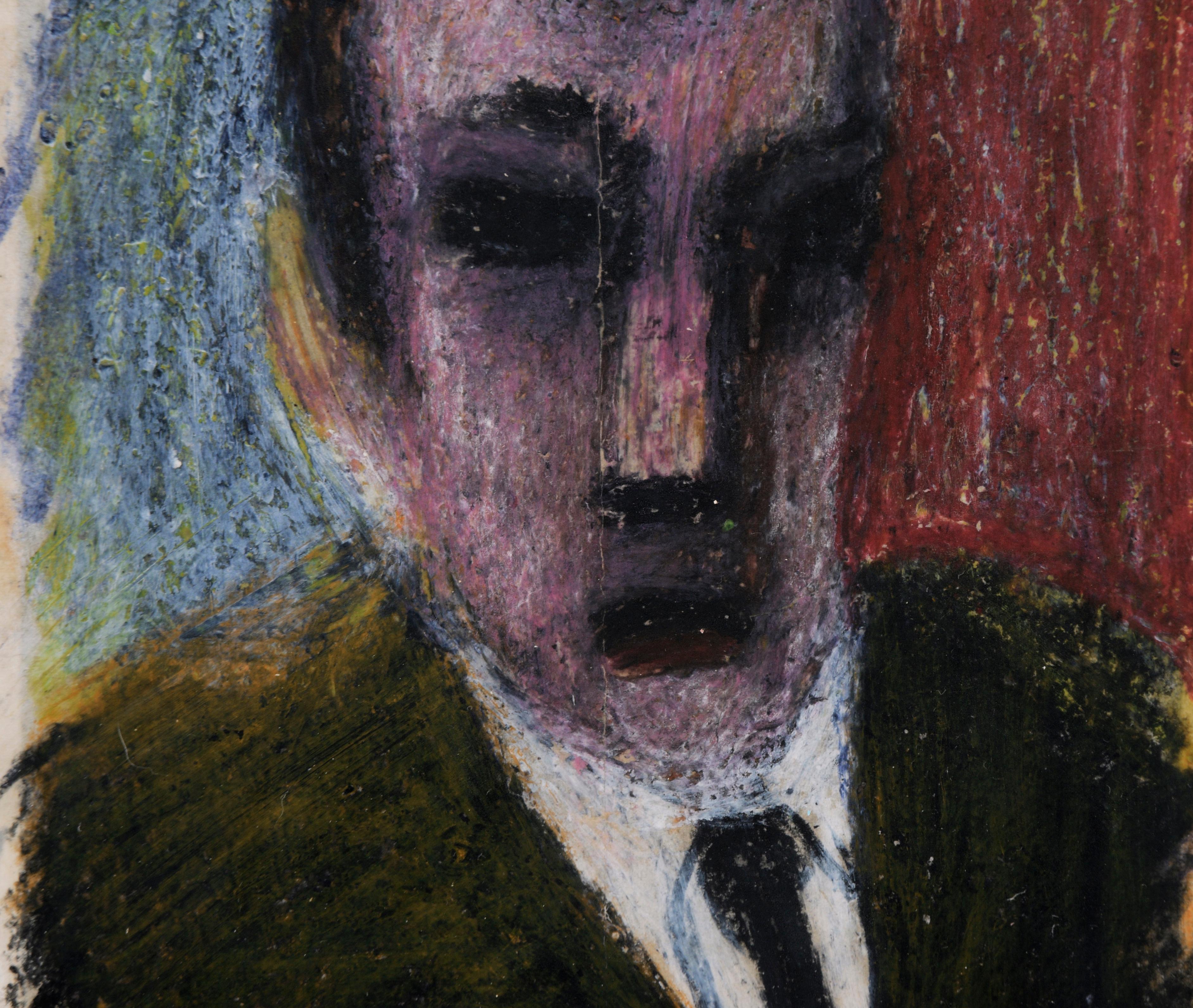 Expressionistisches Porträt eines Mannes im Anzug in Pastell auf Papier

Stimmungsvolles Porträt eines Mannes mit dunklem Haar von einem unbekannten Künstler (20. Jahrhundert). Der Mann ist mit einem länglichen Gesicht und dunklen, tiefliegenden