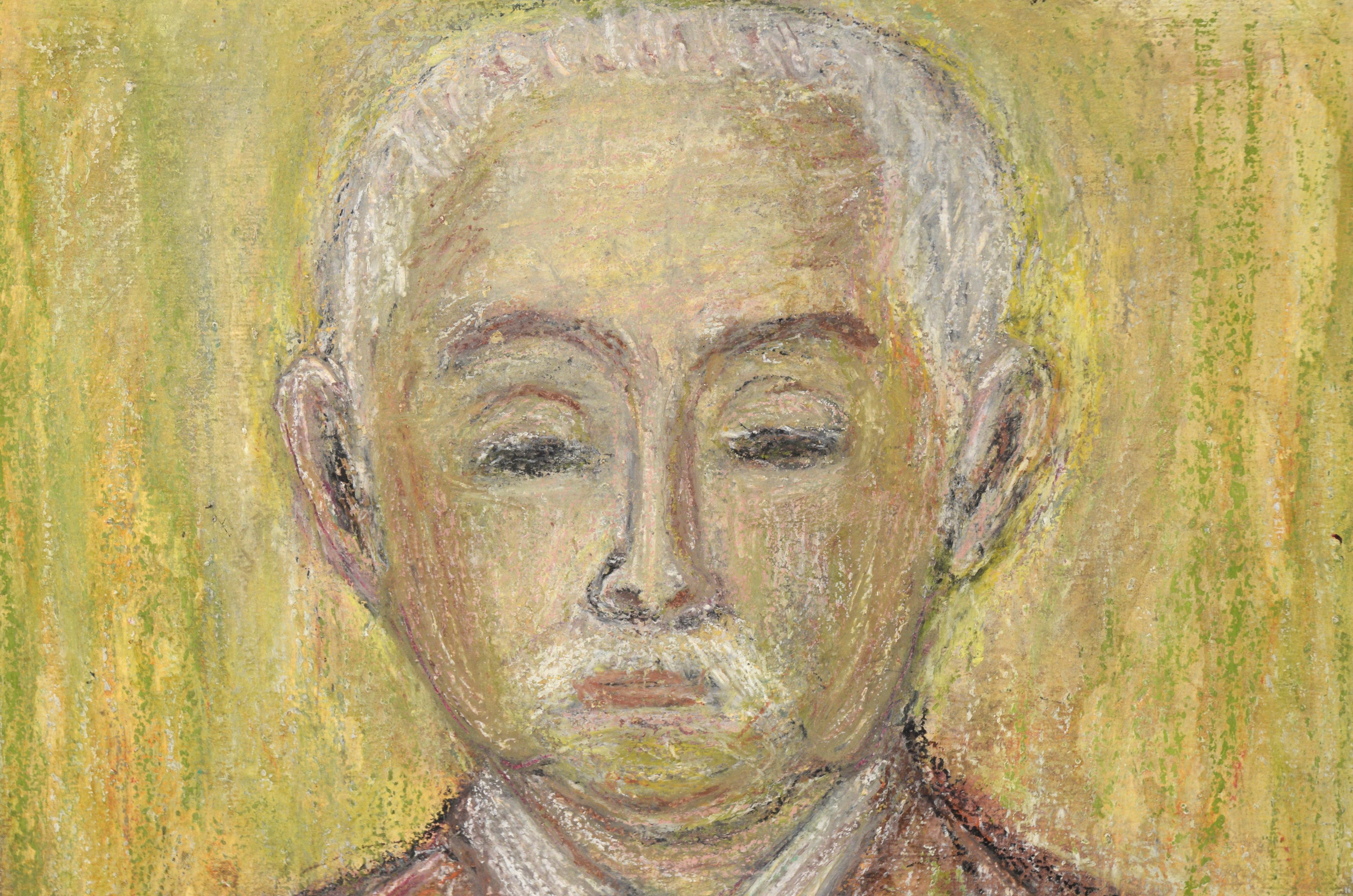 Portrait of a Man with White Hair and Mustache in Pastel on Cardstock

Portrait of a man by Honora Berg (American, 1897-1985). The man is looking directly at the viewer, with a neutral expression. He has white hair and a mustache, and is wearing a