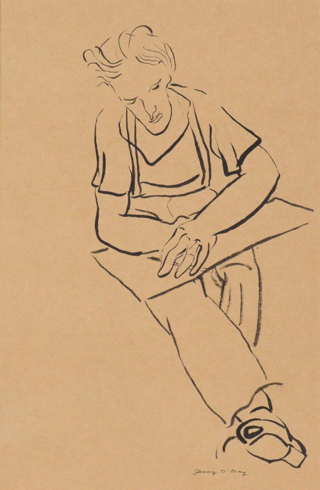 Porträtzeichnung eines Mannes an einem Schreibtisch in Indien, Tinte auf hellbraunem Papier – Art von Jerry O'Day