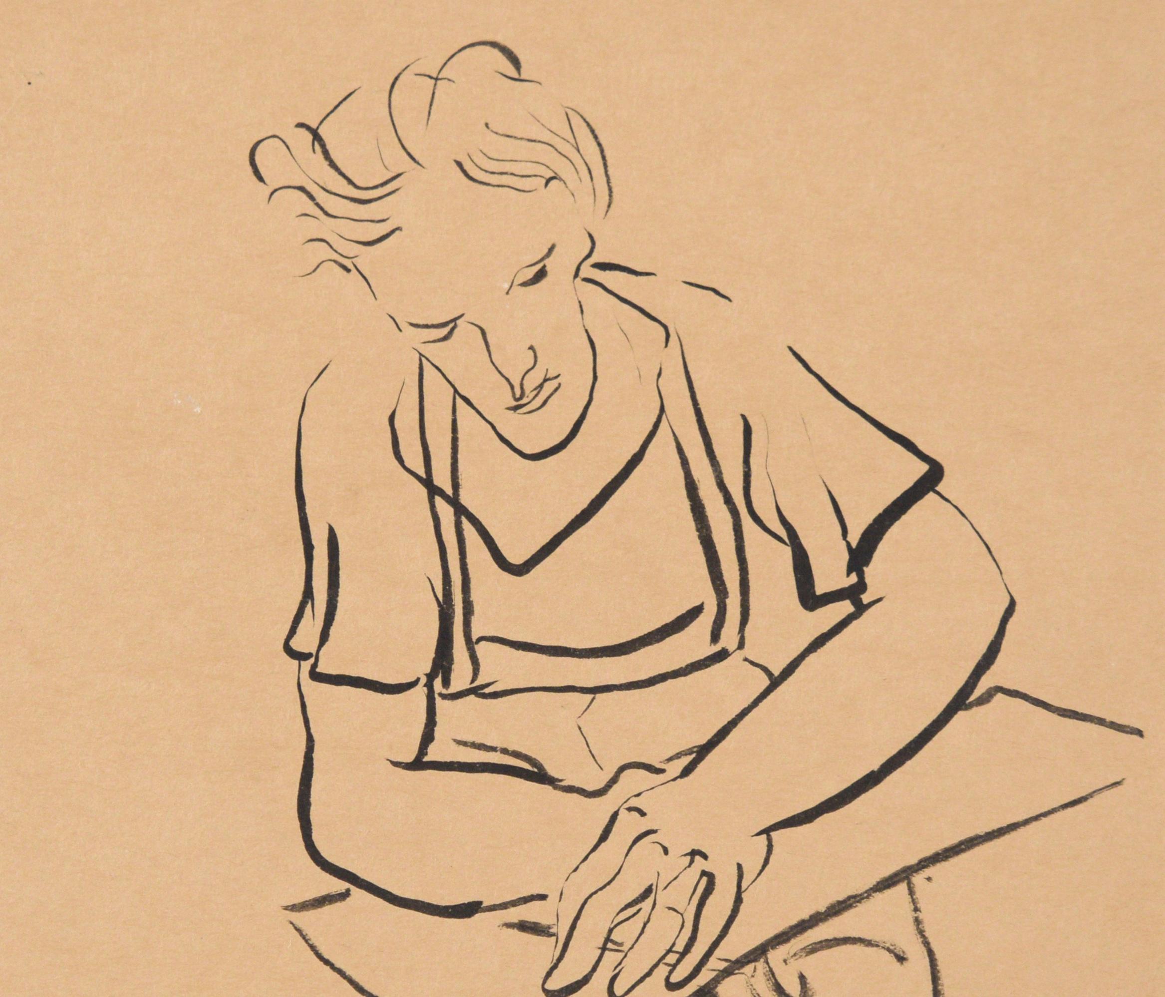 Porträtzeichnung eines Mannes an einem Schreibtisch in Indien, Tinte auf hellbraunem Papier (Amerikanische Moderne), Art, von Jerry O'Day