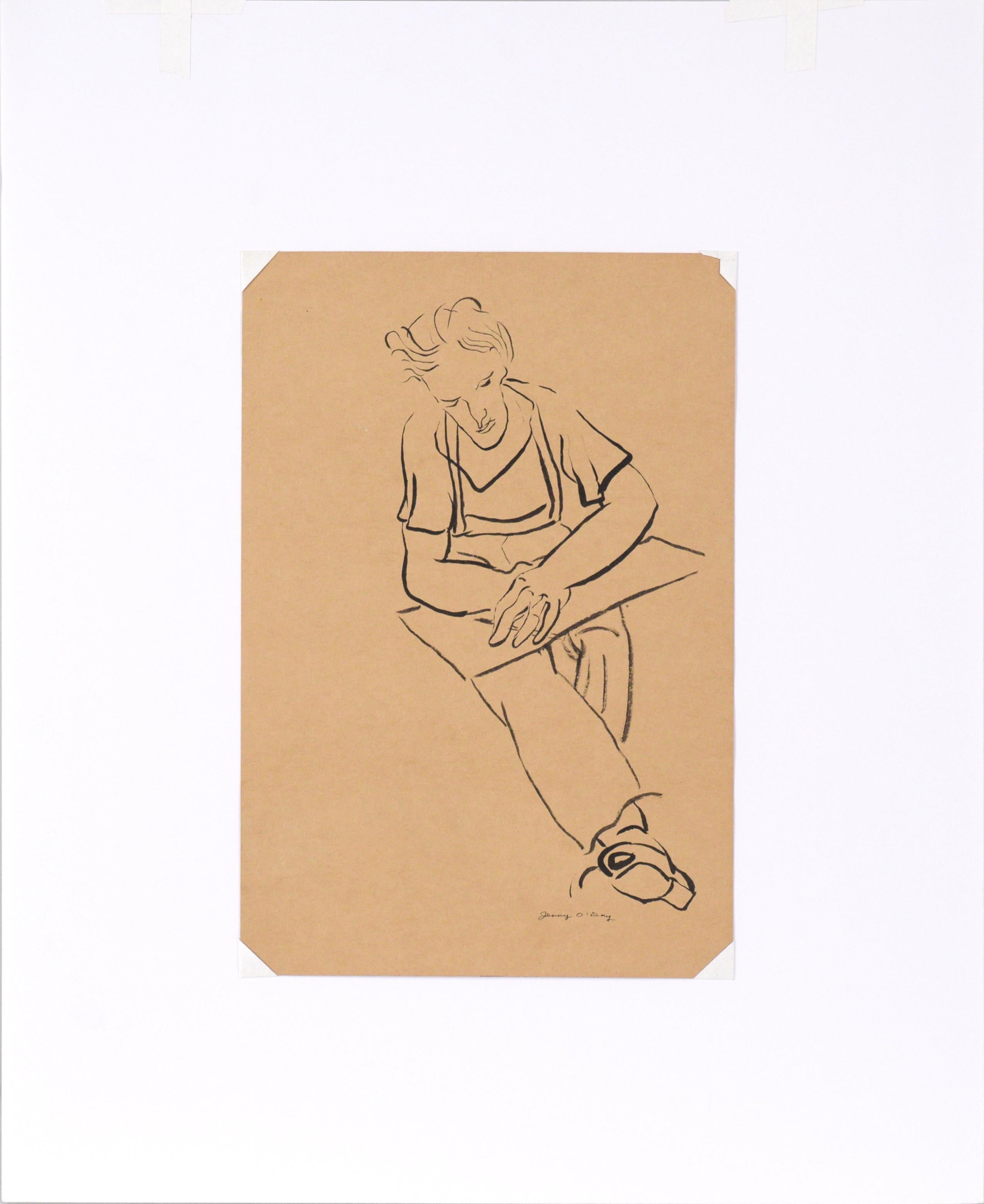 Portrait Drawing of a Man at a Desk in India Ink on Tan Paper For Sale 1