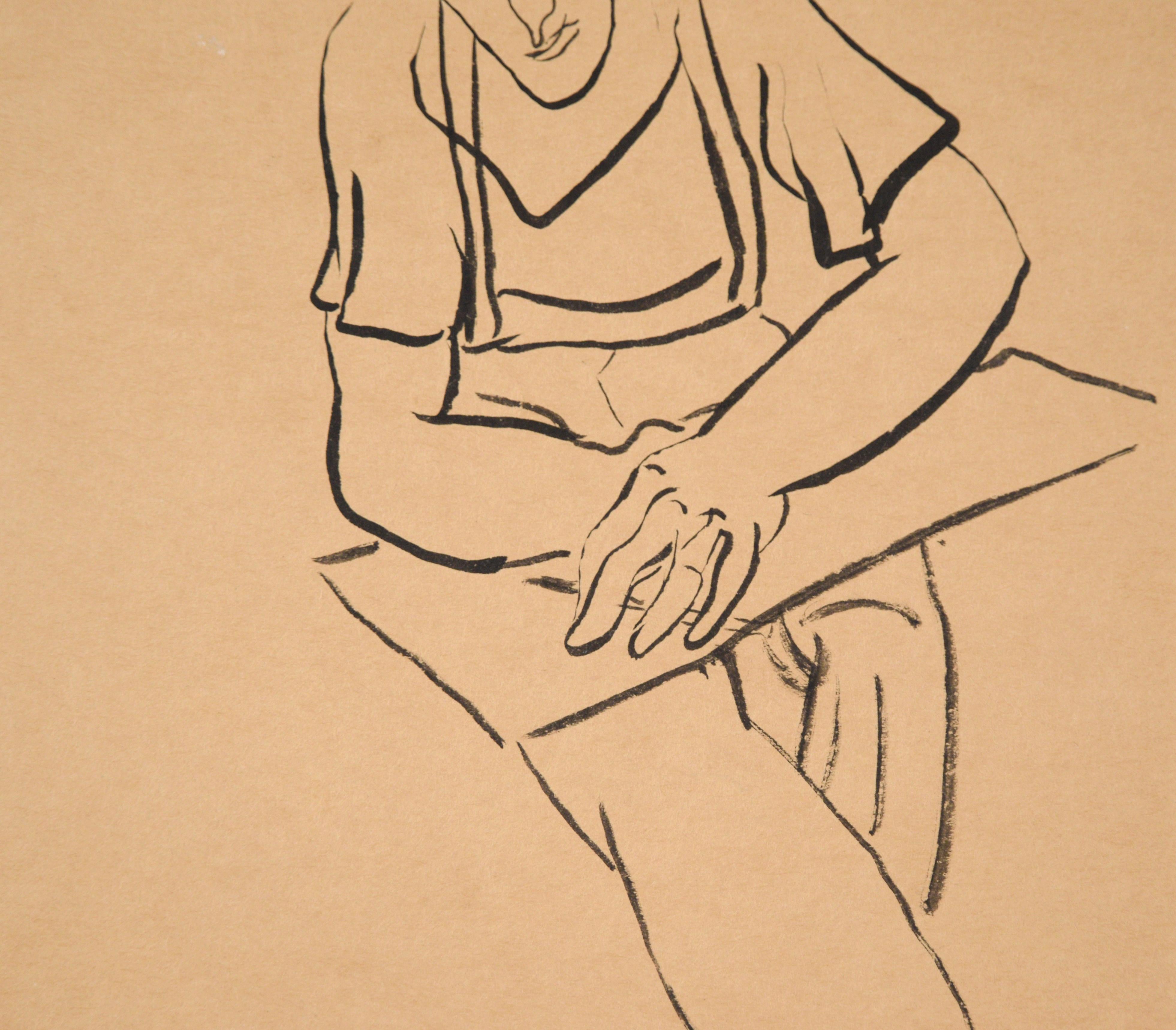 Porträtzeichnung eines Mannes an einem Schreibtisch in Indien, Tinte auf hellbraunem Papier

Figurative Zeichnung eines Mannes an einem Schreibtisch von Jerry O'Day (Amerikaner, 1912). Der Mann sitzt da und nimmt einen Stift in die Hand. Seine