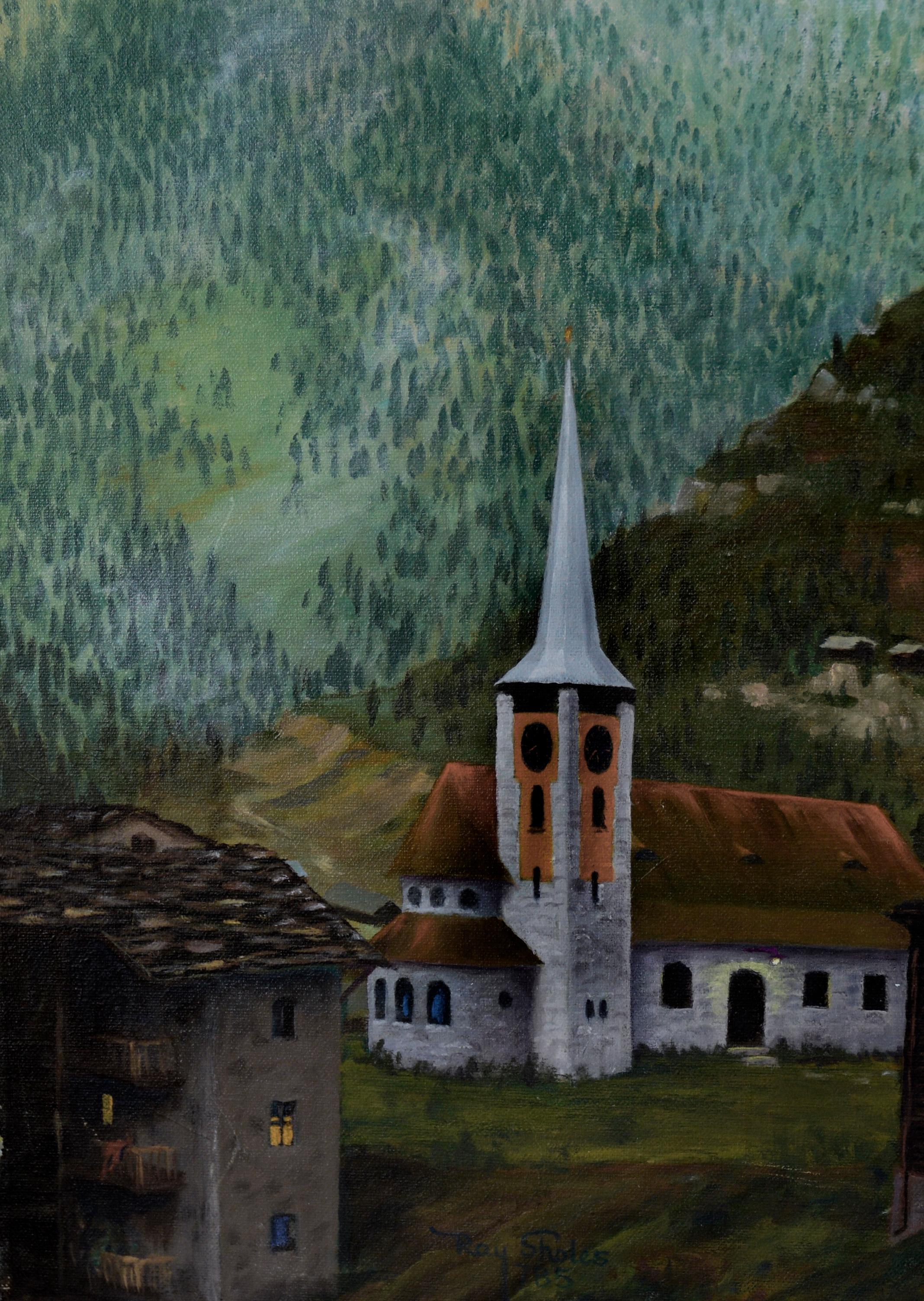 Under the Matterhorn - Acrylic on Canvas

A sleepy village sits under the shadow of the Matterhorn in this Swiss-style painting by an unknown artist. A handful of lights illuminate windows and the doorway of the church with the rest of the village