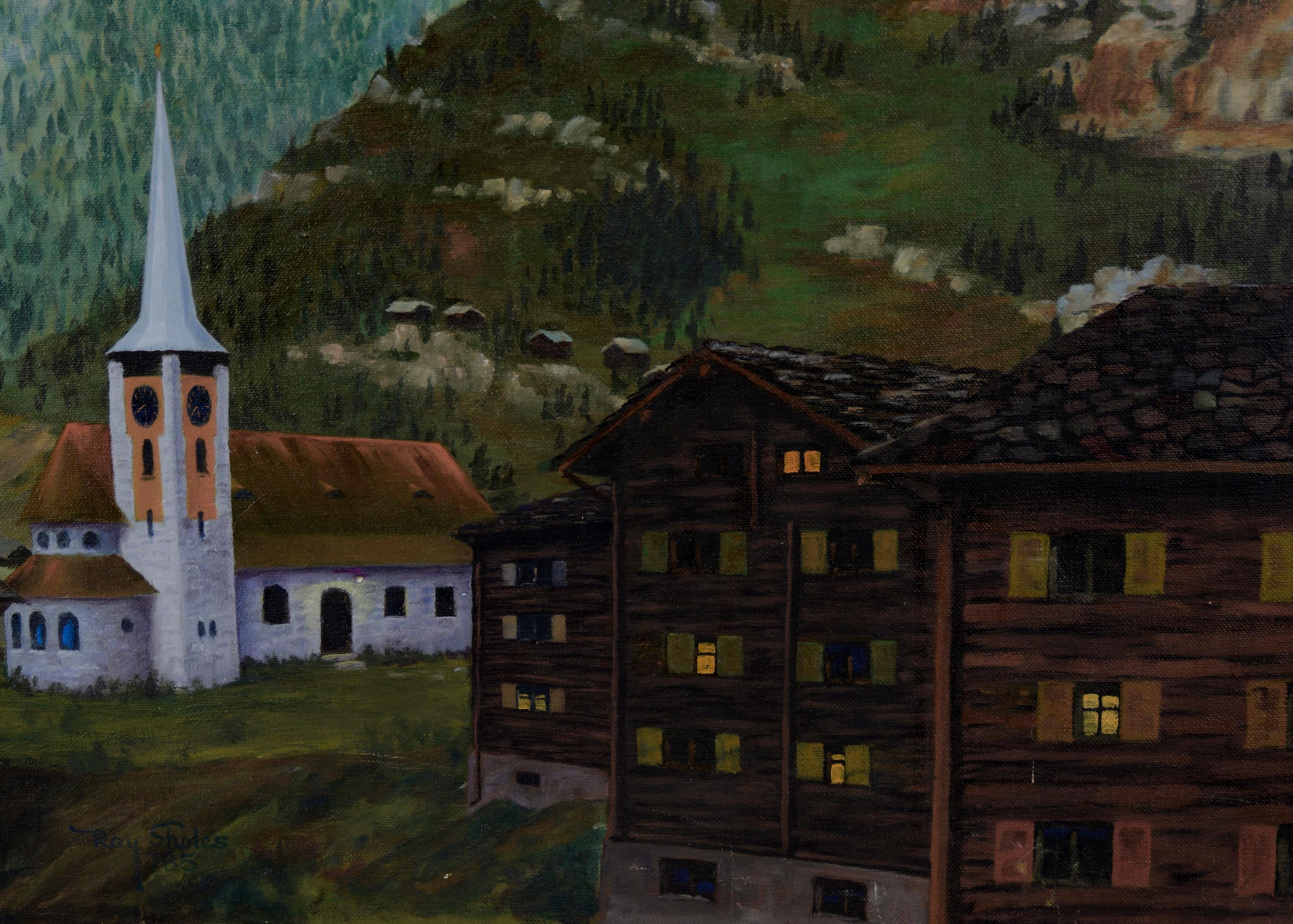 Under the Matterhorn – Acryl auf Leinwand

Ein verschlafenes Dorf liegt im Schatten des Matterhorns auf diesem Gemälde eines unbekannten Künstlers im Schweizer Stil. Eine Handvoll Lichter erhellt die Fenster und den Eingang der Kirche, während der