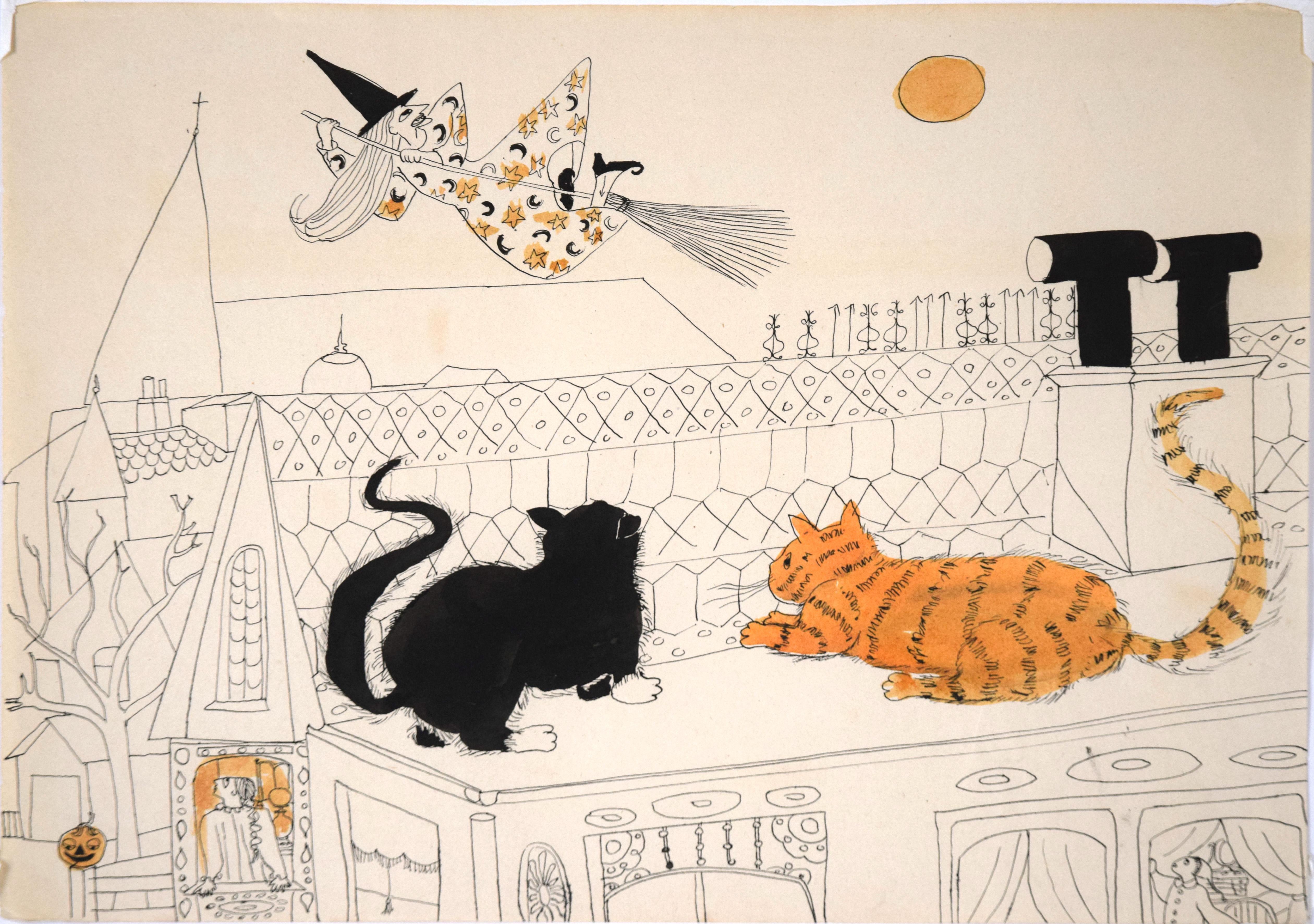Cats Watching a Witch on a Broomstick - Illustration d'Halloween vintage à l'encre en vente 4