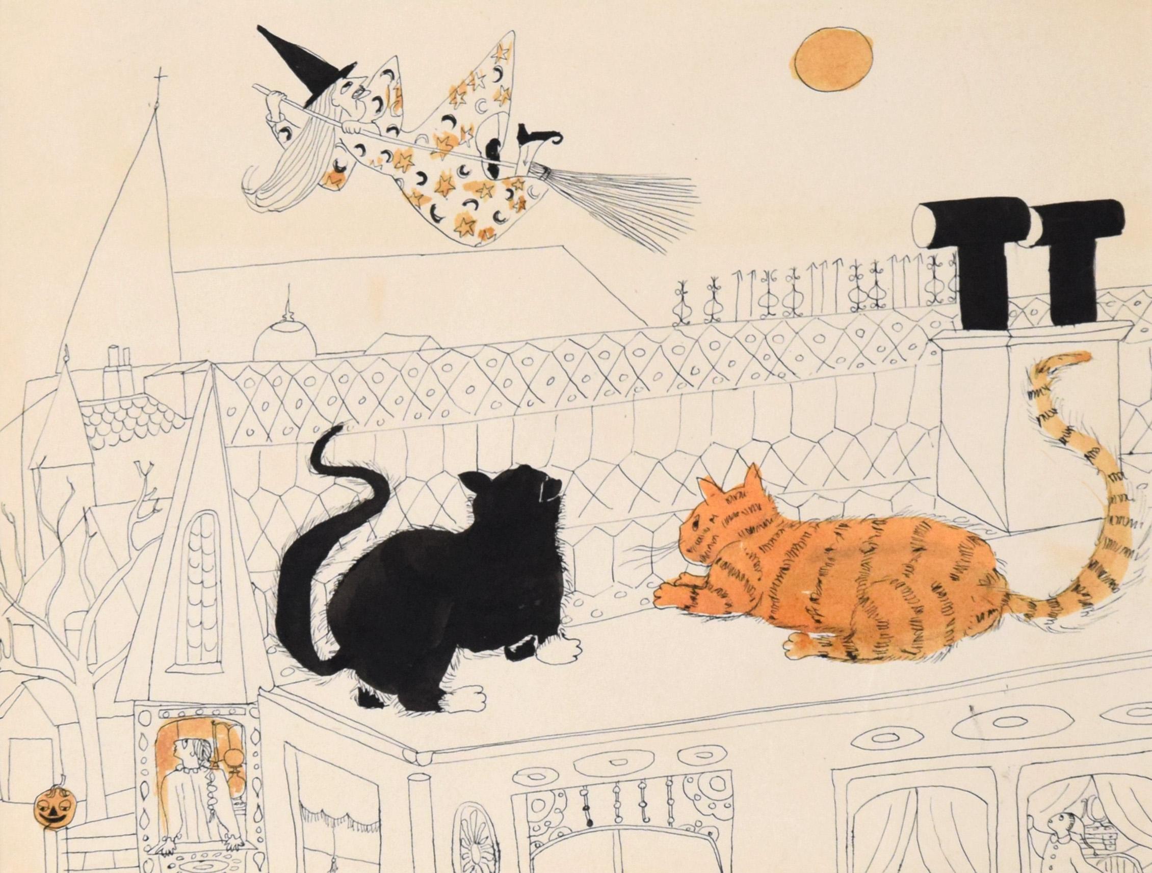Cats Watching a Witch on a Broomstick - Illustration d'Halloween vintage à l'encre - Art de Irene Pattinson