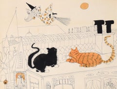 Cats Watching a Witch on a Broomstick - Vintage Halloween Illustration in Ink