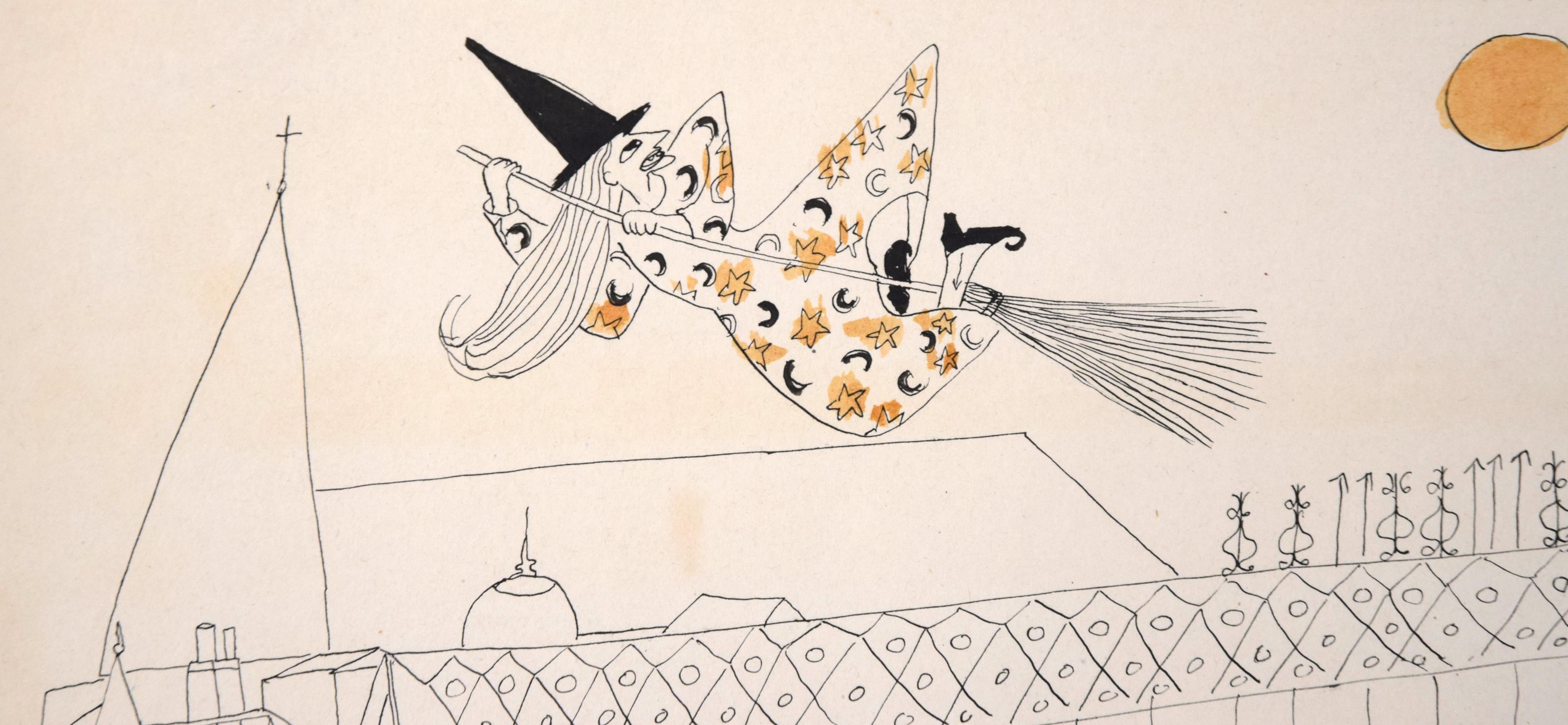 Cats Watching a Witch on a Broomstick - Illustration d'Halloween vintage à l'encre - Modernisme américain Art par Irene Pattinson