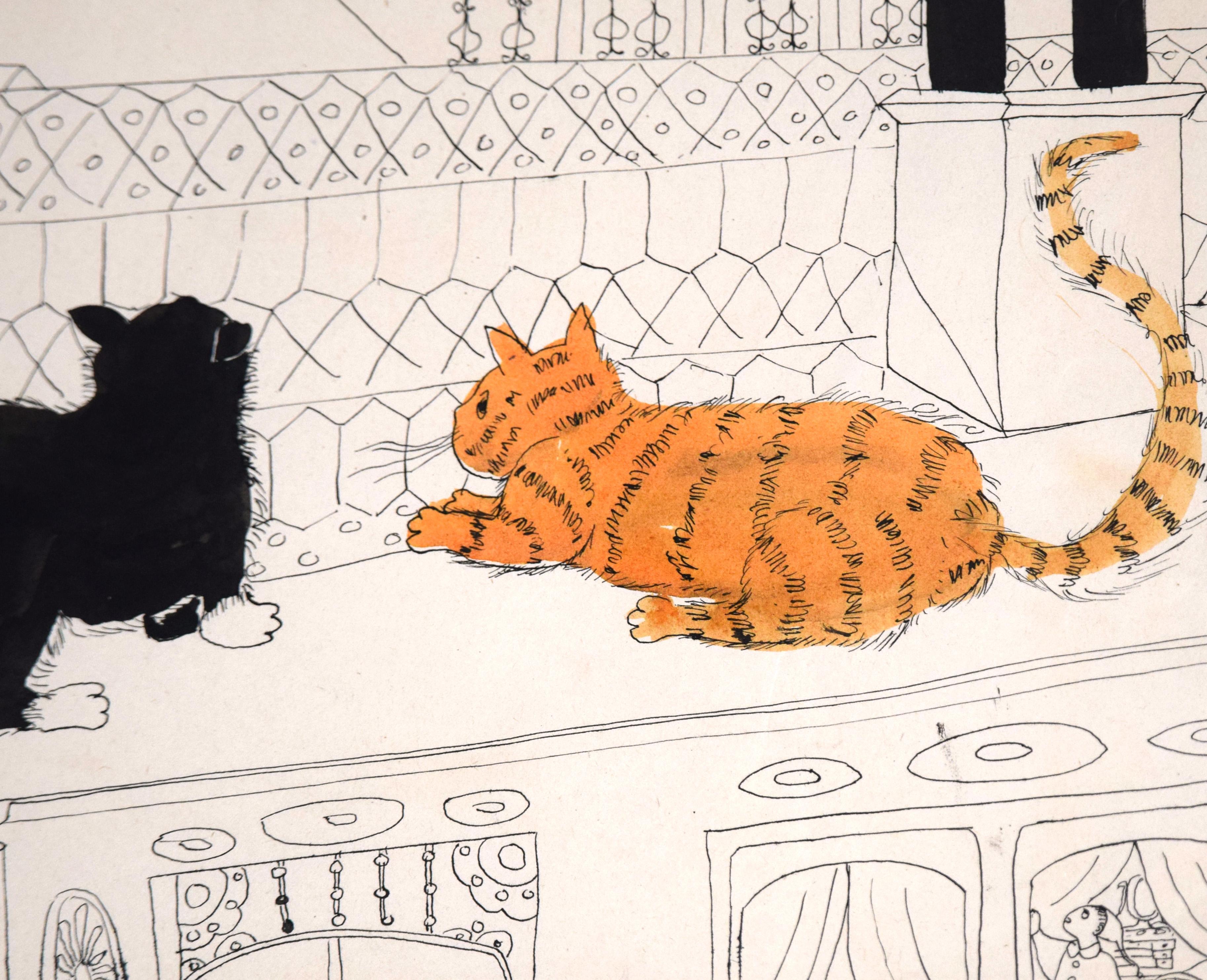 Gatti che guardano una strega con una scopa - Illustrazione di Halloween vintage a inchiostro - Art American Modern di Irene Pattinson