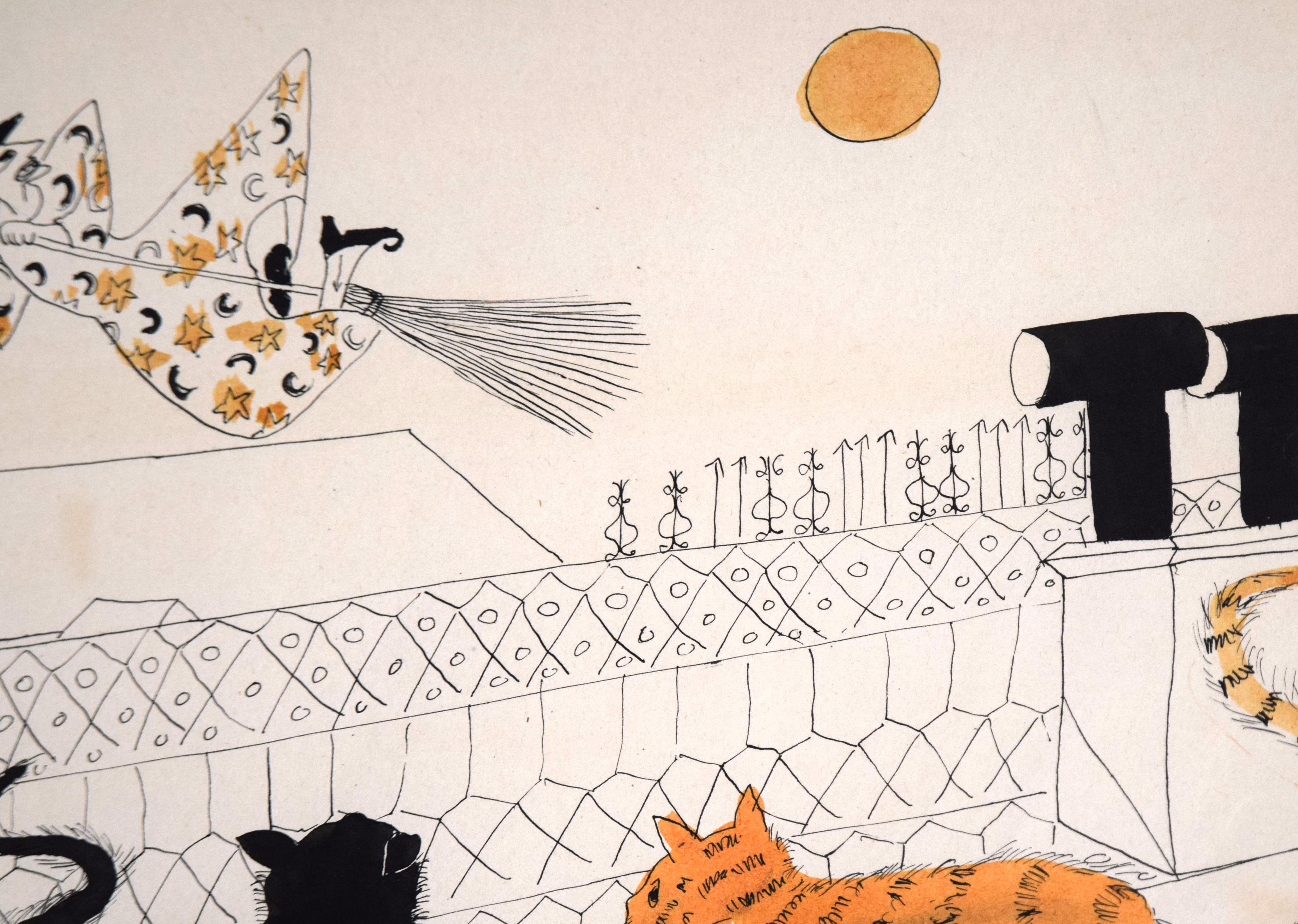 Cats Watching a Witch on a Broomstick - Illustration d'Halloween vintage à l'encre en vente 2