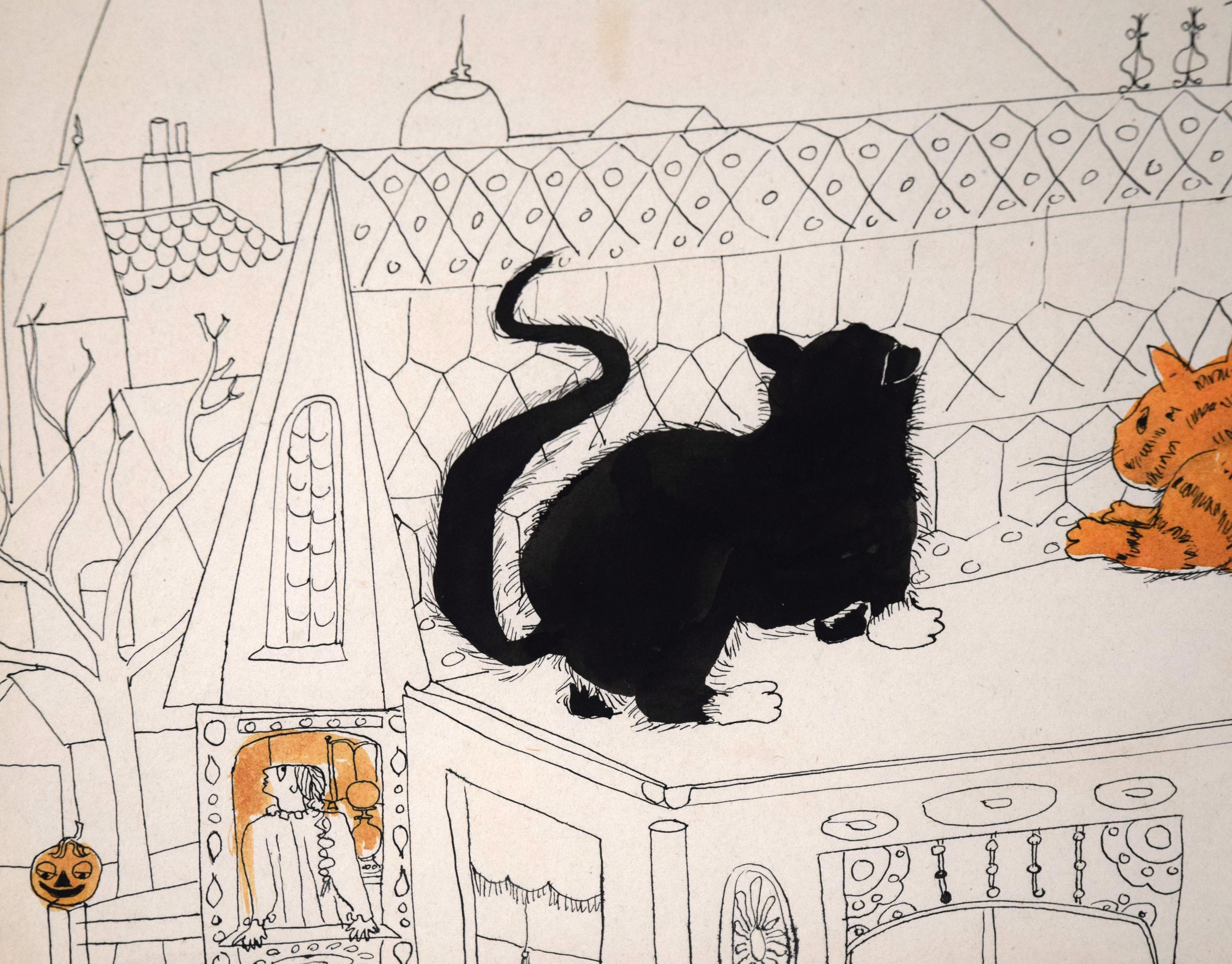 Cats Watching a Witch on a Broomstick - Vintage Halloween Illustration in Ink

Halloween scene with cats and a witch in India ink pen by Irene Pattinson (American, 1909-1999). A black cat and an orange tabby are watching a witch fly over rooftops on