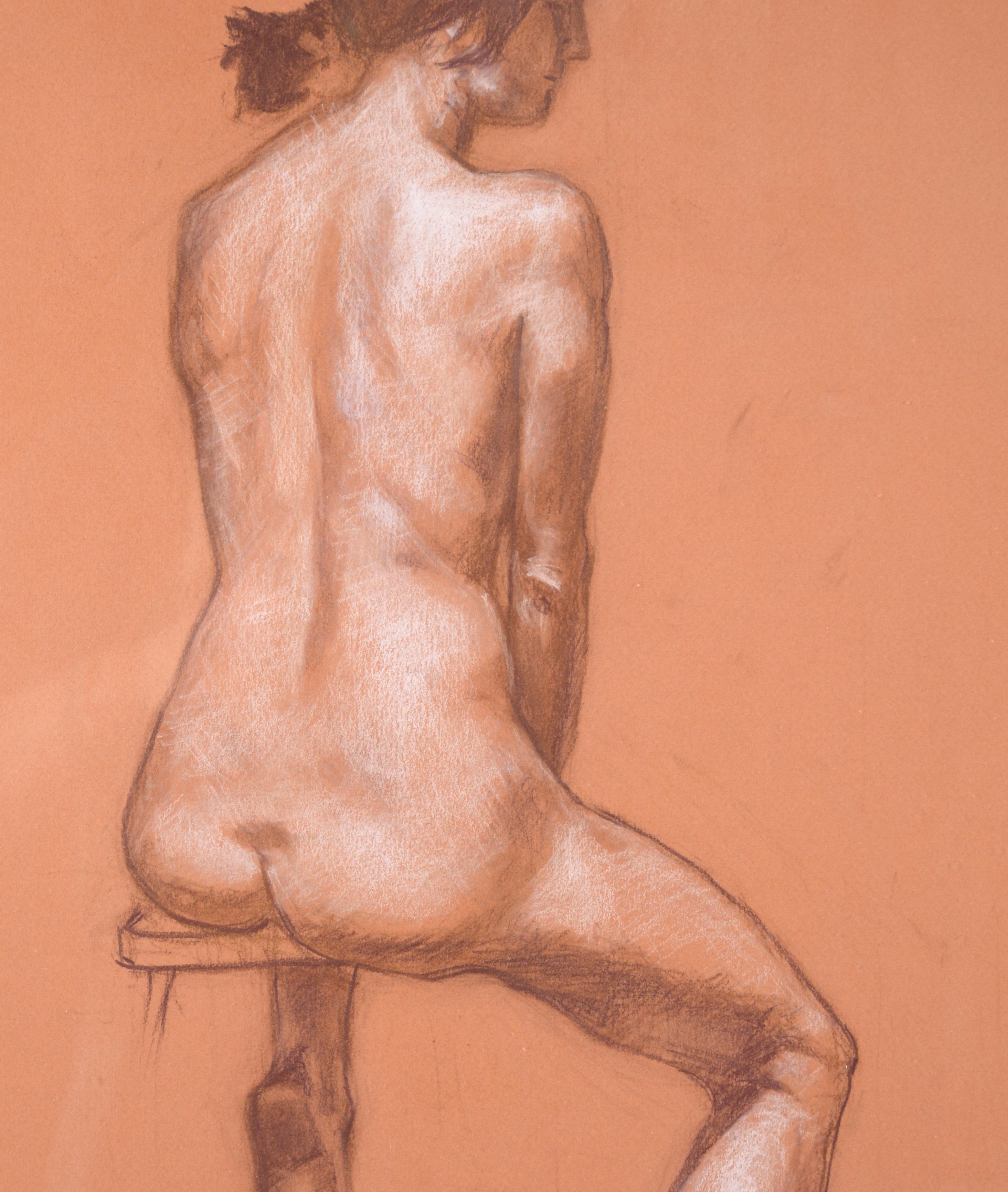 « Figure assise » au crayon au pastel et à la couleur sur papier

Magnifique dessin moderne d'une femme nue par l'Artiste de la Bay Area George Wishon (Américain, né au 20ème siècle). Le modèle est assis, tourné vers l'extérieur, mais regarde vers