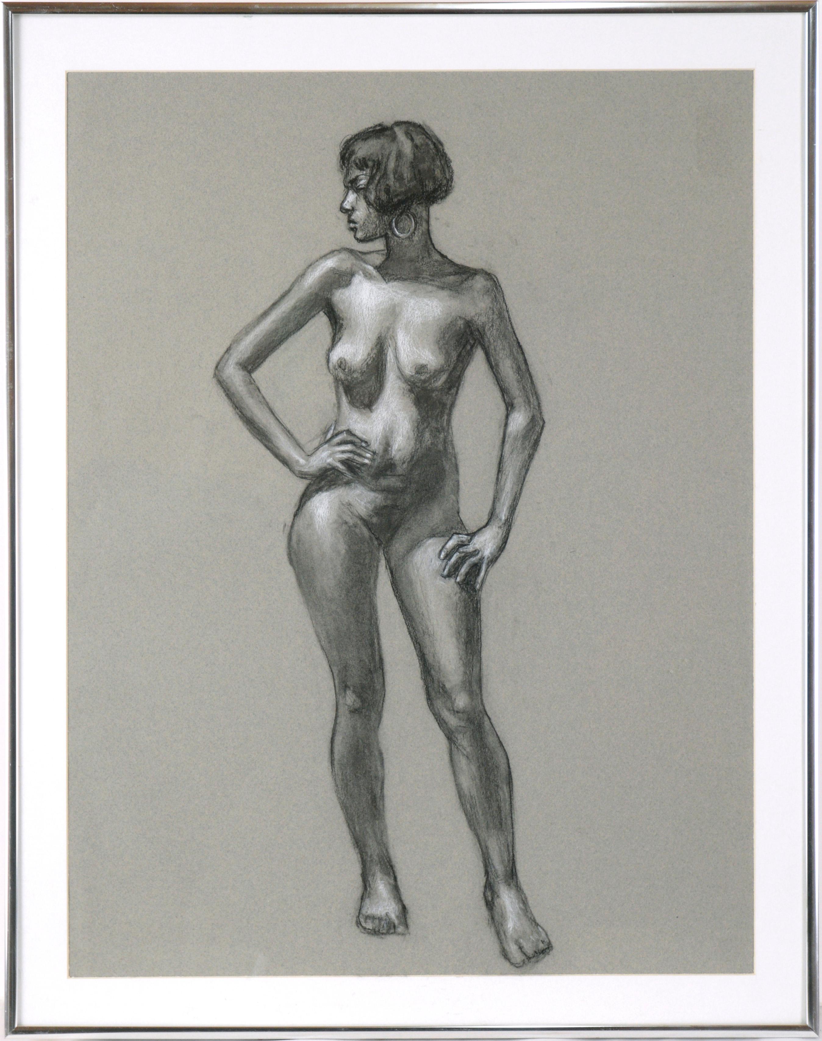 Figurative Art George Wishon - « Figure debout », nu au fusain et crayon de couleur sur papier