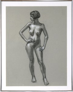 Vintage "Standing Figure" Nude in Charcoal and Color Pencil on Paper
