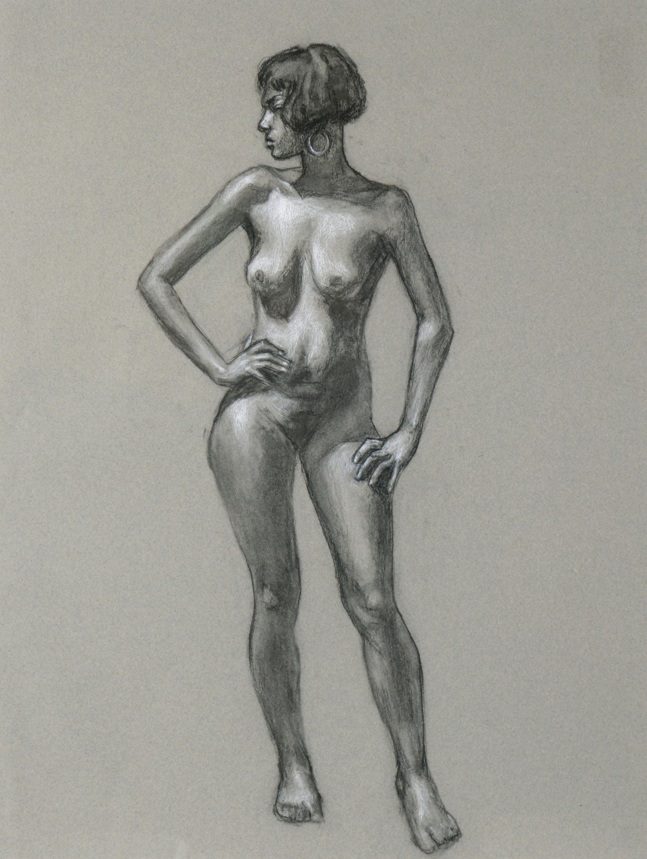 « Figure debout », nu au fusain et crayon de couleur sur papier - Art de George Wishon