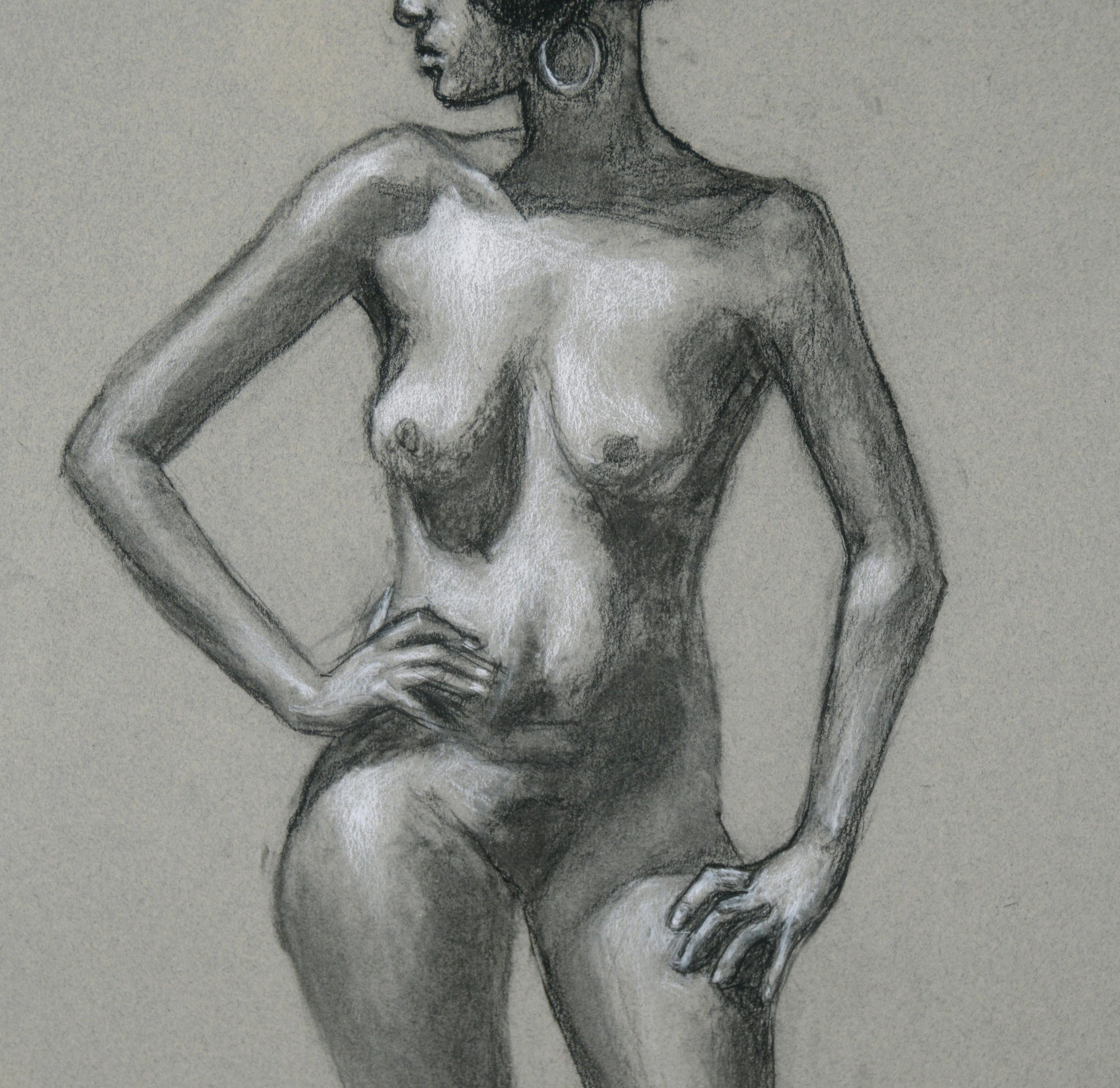 « Figure debout », nu au fusain et crayon de couleur sur papier

Magnifique dessin moderne d'une femme nue par l'Artiste de la Bay Area George Wishon (Américain, né au 20ème siècle). Le modèle est debout, tourné vers le spectateur. Elle regarde vers