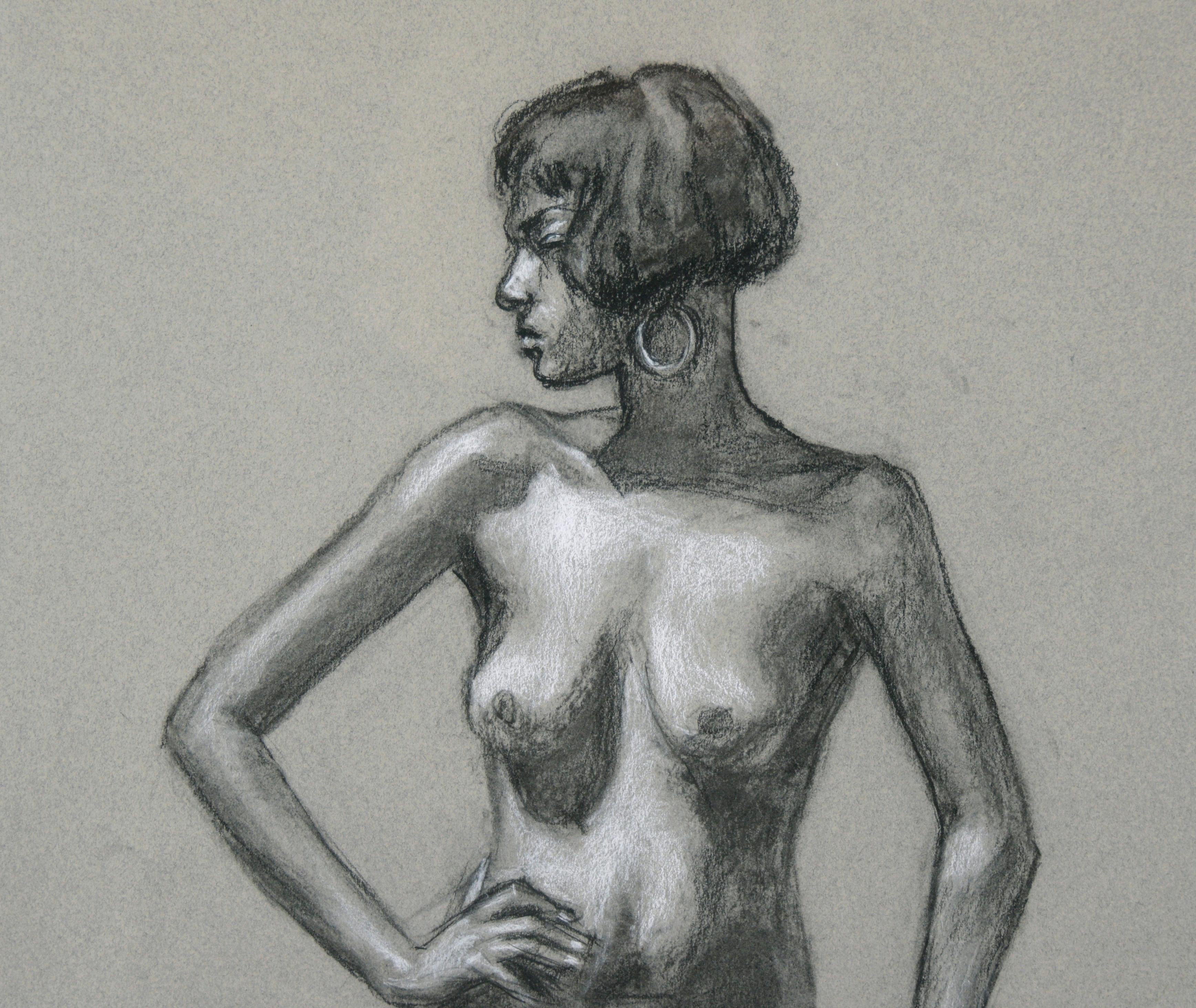 « Figure debout », nu au fusain et crayon de couleur sur papier - Impressionnisme américain Art par George Wishon