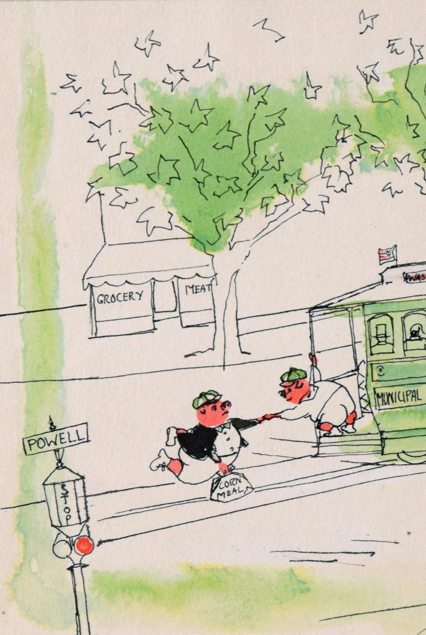 Pigs on a Trolley – Vintage-Bilderbuch mit zwei Seiten, geteilte Illustration, Zweiseitige Illustration (Amerikanische Moderne), Art, von Irene Pattinson