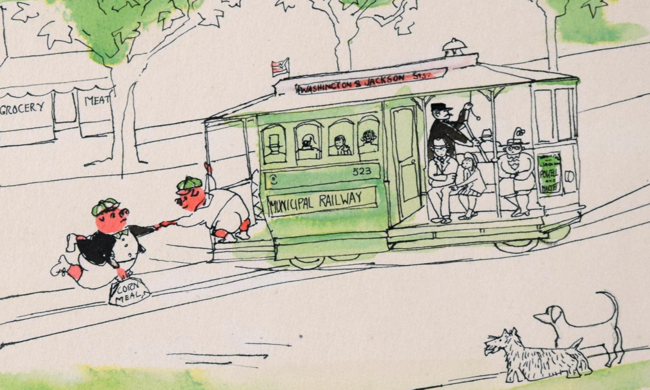 Pigs on a Trolley – Vintage-Bilderbuch mit zwei Seiten, geteilte Illustration, Zweiseitige Illustration

Eine Doppelseite mit Tusche und Aquarell von Irene Pattinson (Amerikanerin, 1909-1999) zeigt eine charmante Straßenszene in San Francisco, in