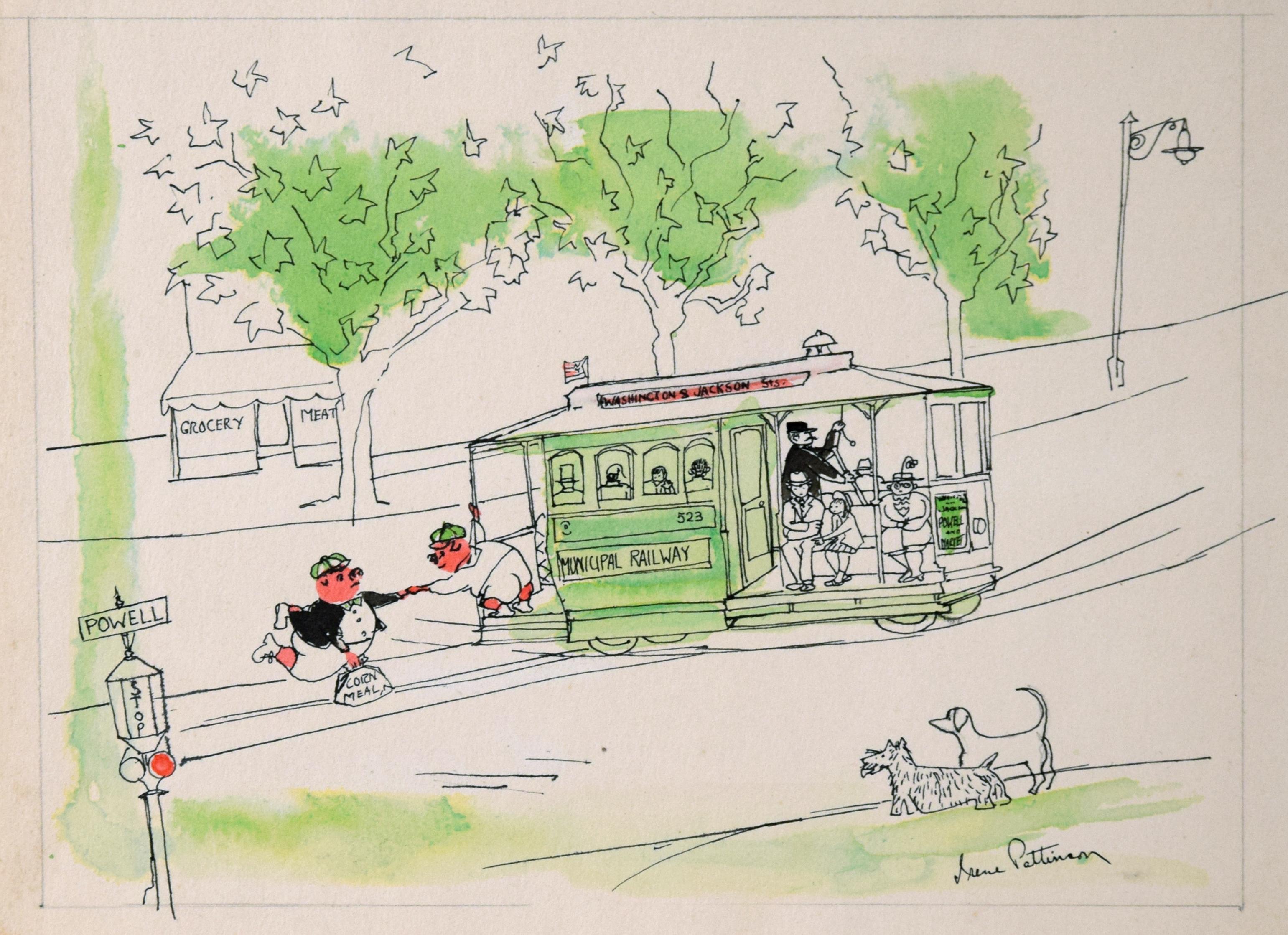 Pigs on a Trolley – Vintage-Bilderbuch mit zwei Seiten, geteilte Illustration, Zweiseitige Illustration – Art von Irene Pattinson
