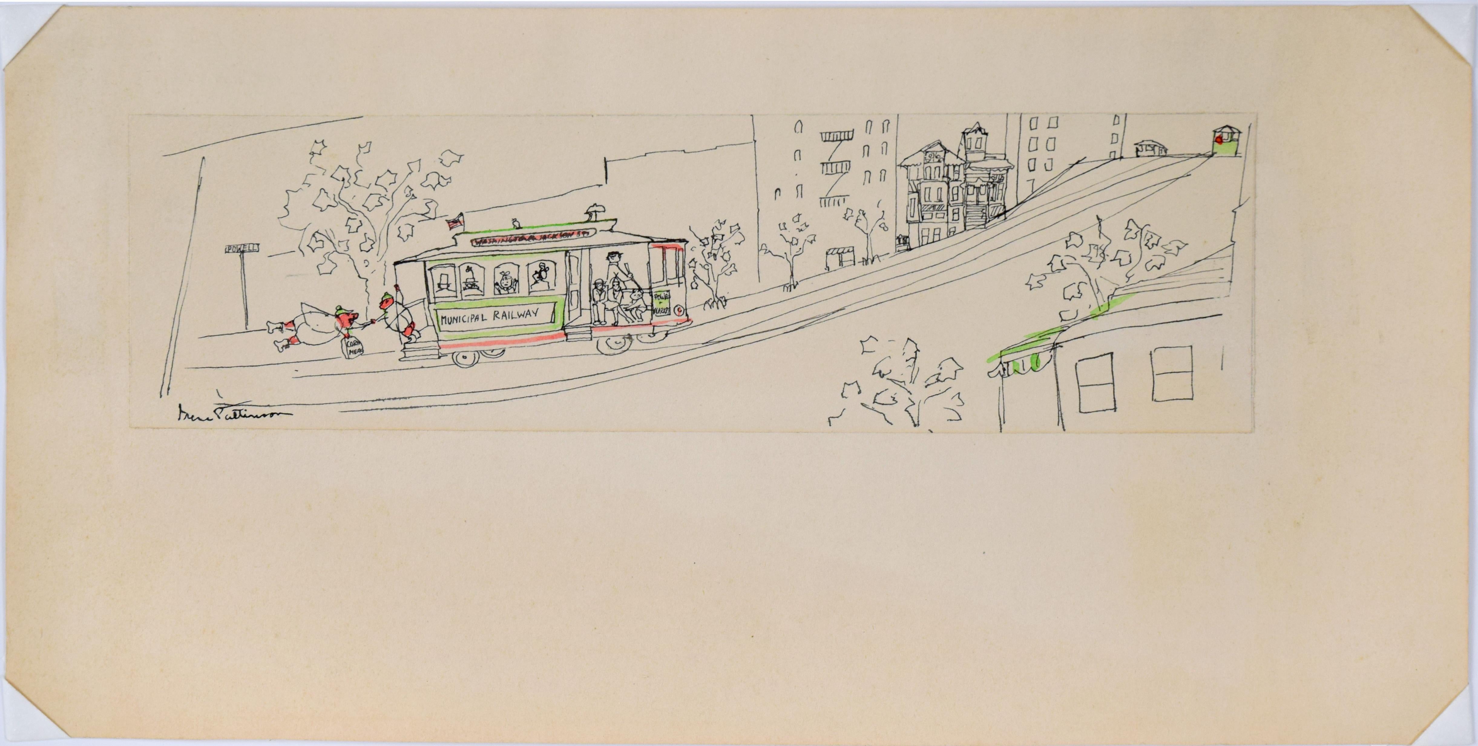 Pigs on a San Francisco Trolley at Powell Street - Vintage Illustration - American Modern Art by Irene Pattinson