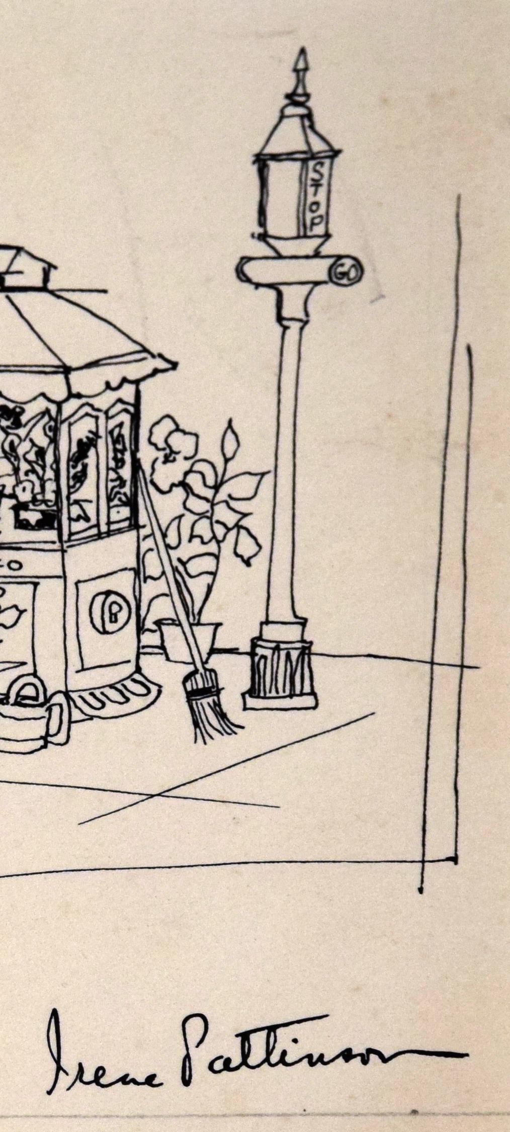 Flower Stand S.F. 1954 - Illustration vintage

Ce dessin à l'encre détaillé d'Irene Pattinson (américaine, 1909-1999) représente une charmante scène de rue de San Francisco dans laquelle un homme moustachu tient des fleurs, son chapeau et sa tenue