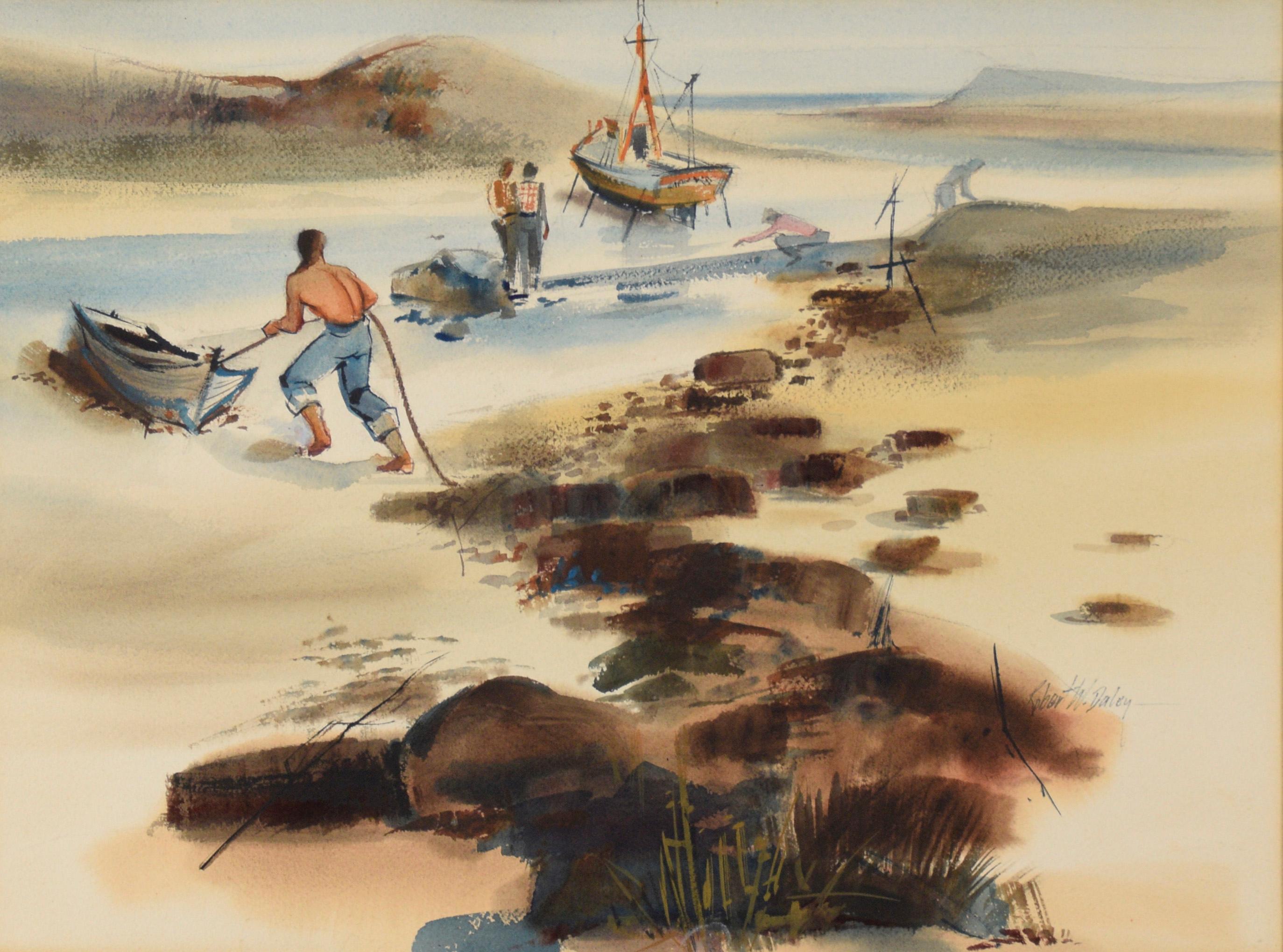 Fischerboote entlang der Küste – Painting von Robert W Daley
