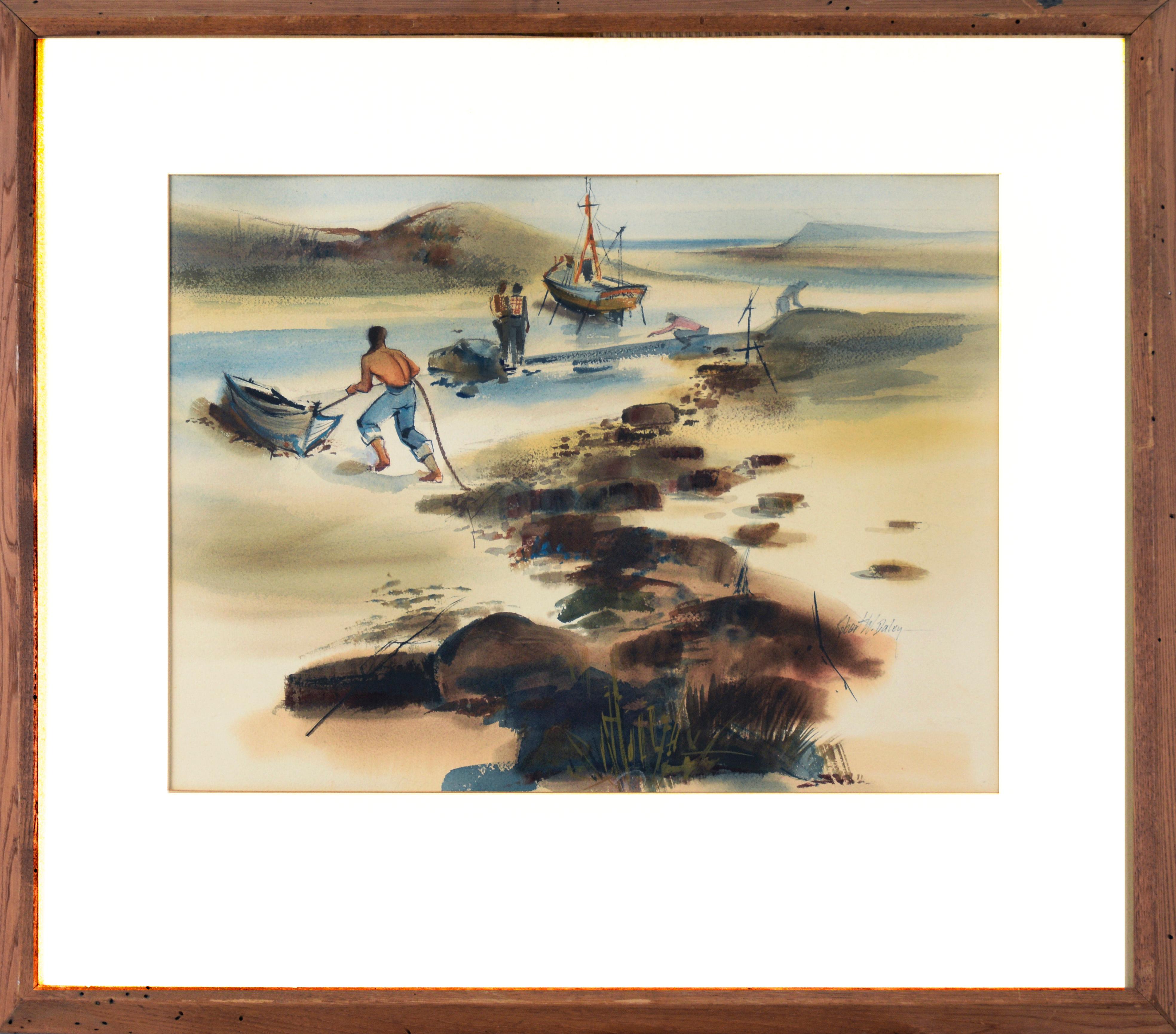 Robert W Daley Landscape Painting – Fischerboote entlang der Küste
