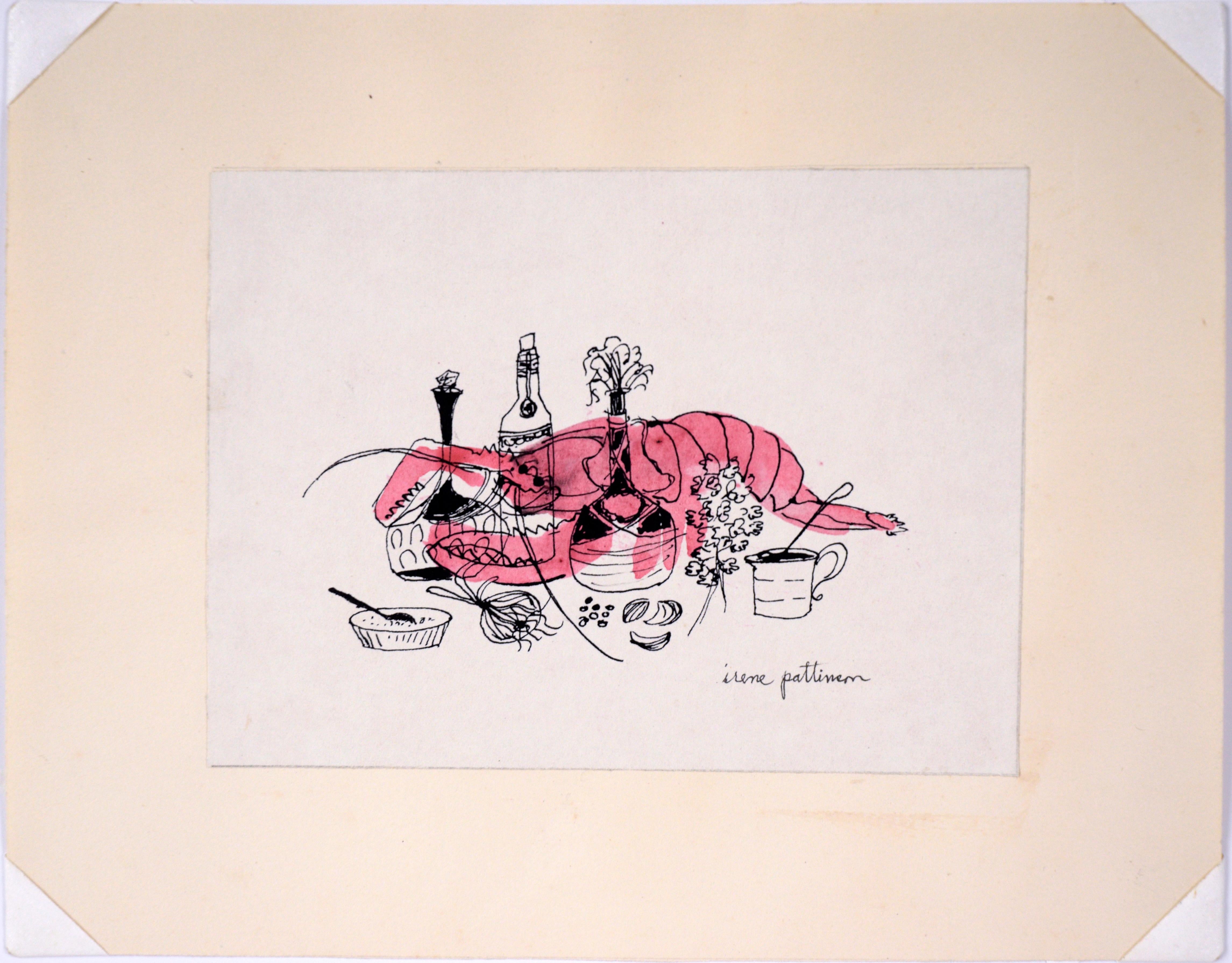 Chef Lobster – Vintage-Illustration in Tinte und Aquarell

Die charmante Illustration von Irene Pattinson (Amerikanerin, 1909-1999) zeigt einen rosa Hummer hinter verzierten Flaschen mit Öl und anderen Kochzutaten, darunter Knoblauch und Zwiebeln,