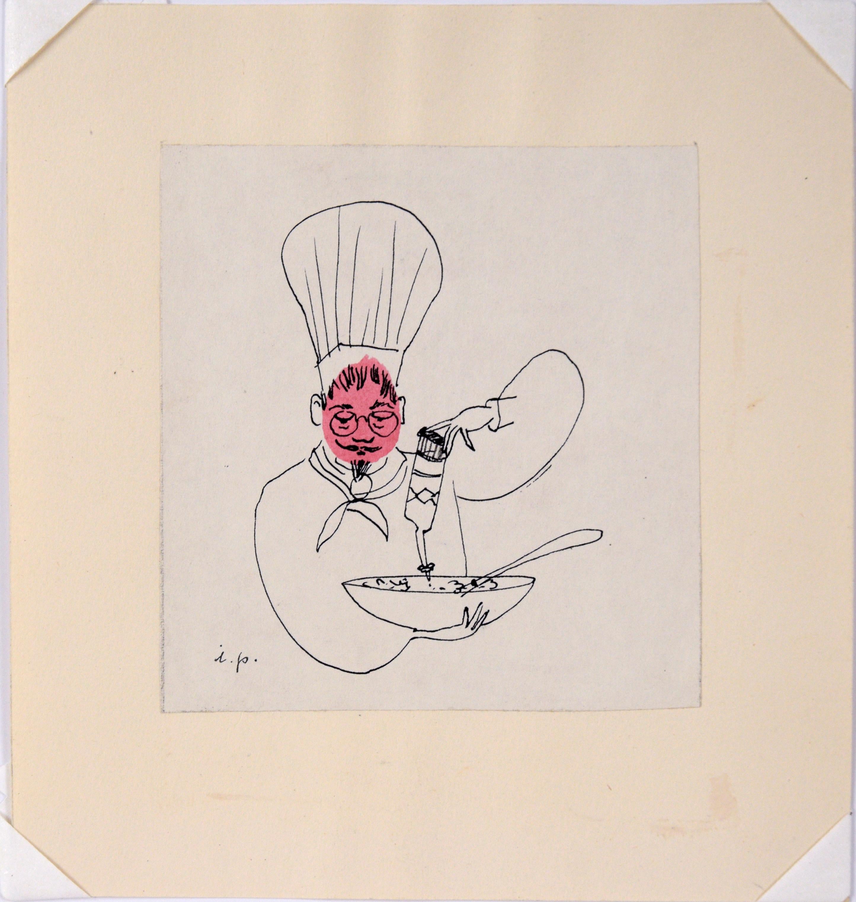 Chef Pasta - Vintage Illustration in Ink and Watercolor For Sale 1