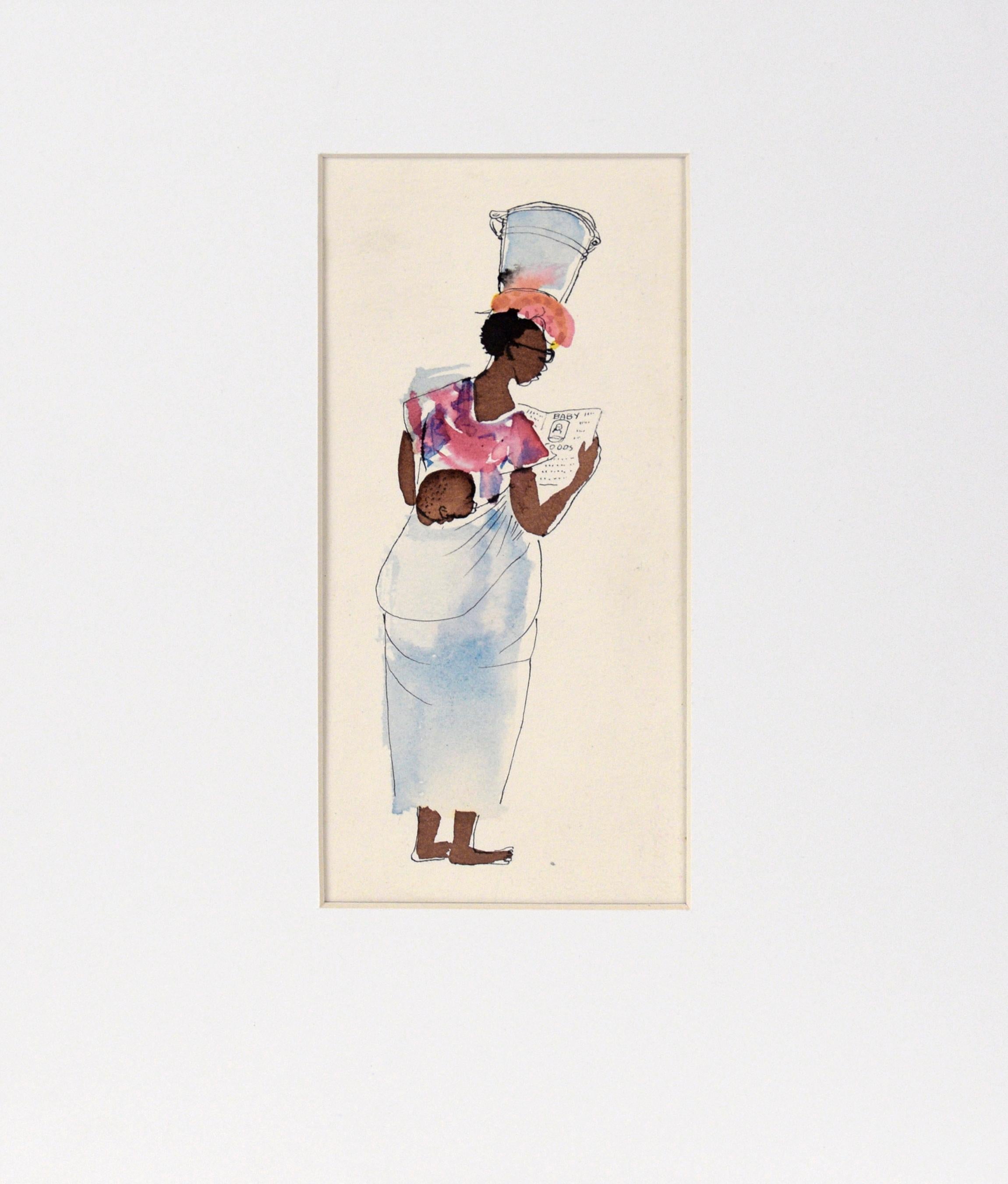 Afrikanische Mama – Vintage-Illustration in Tusche und Aquarell