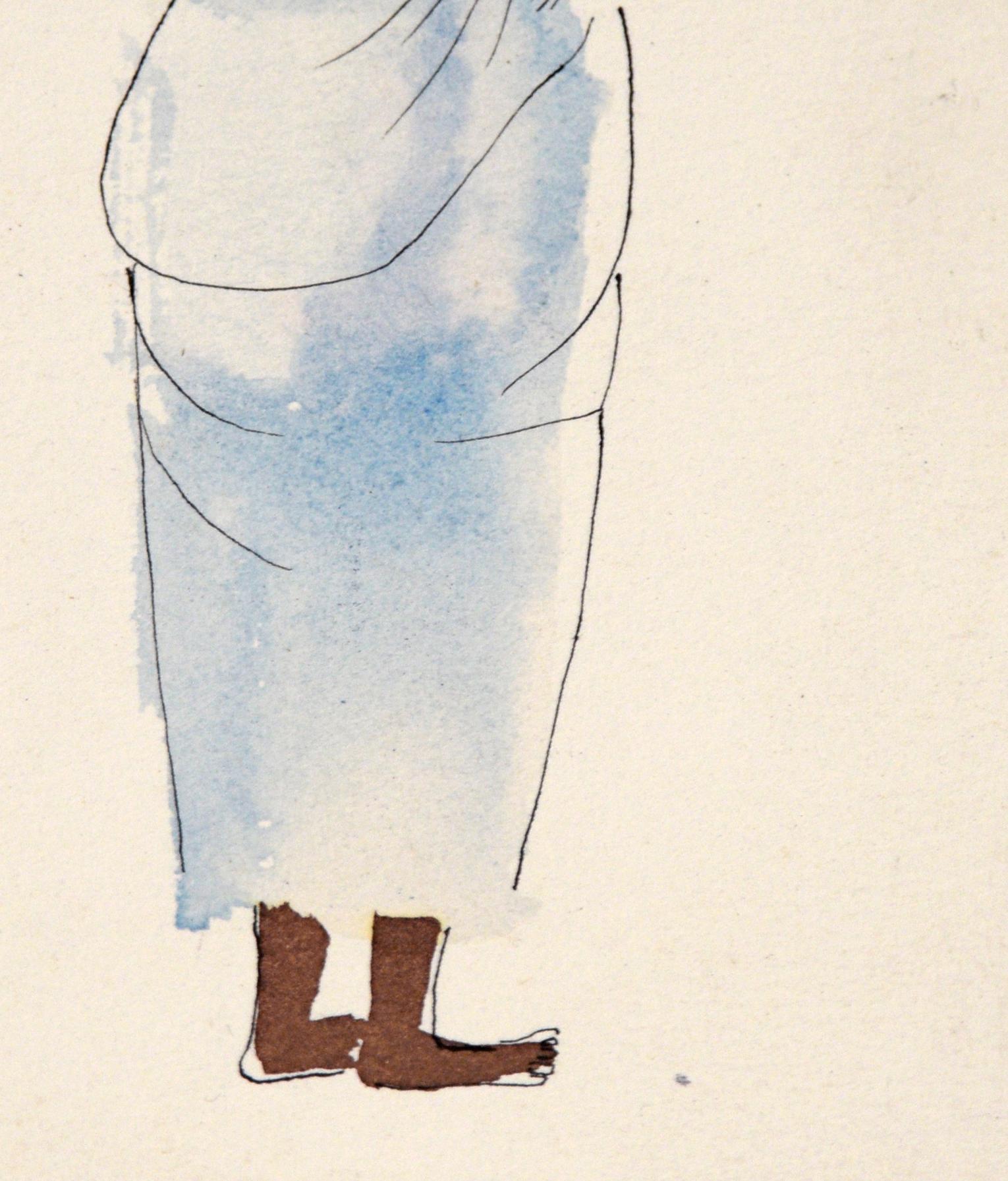 Afrikanische Mama – Vintage-Illustration in Tusche und Aquarell

Eine charmante Illustration von Irene Pattinson (Amerikanerin, 1909-1999) zeigt eine Frau mit einem Eimer auf dem Kopf und einem Baby in einem Tragetuch auf dem Rücken. Sie liest aus
