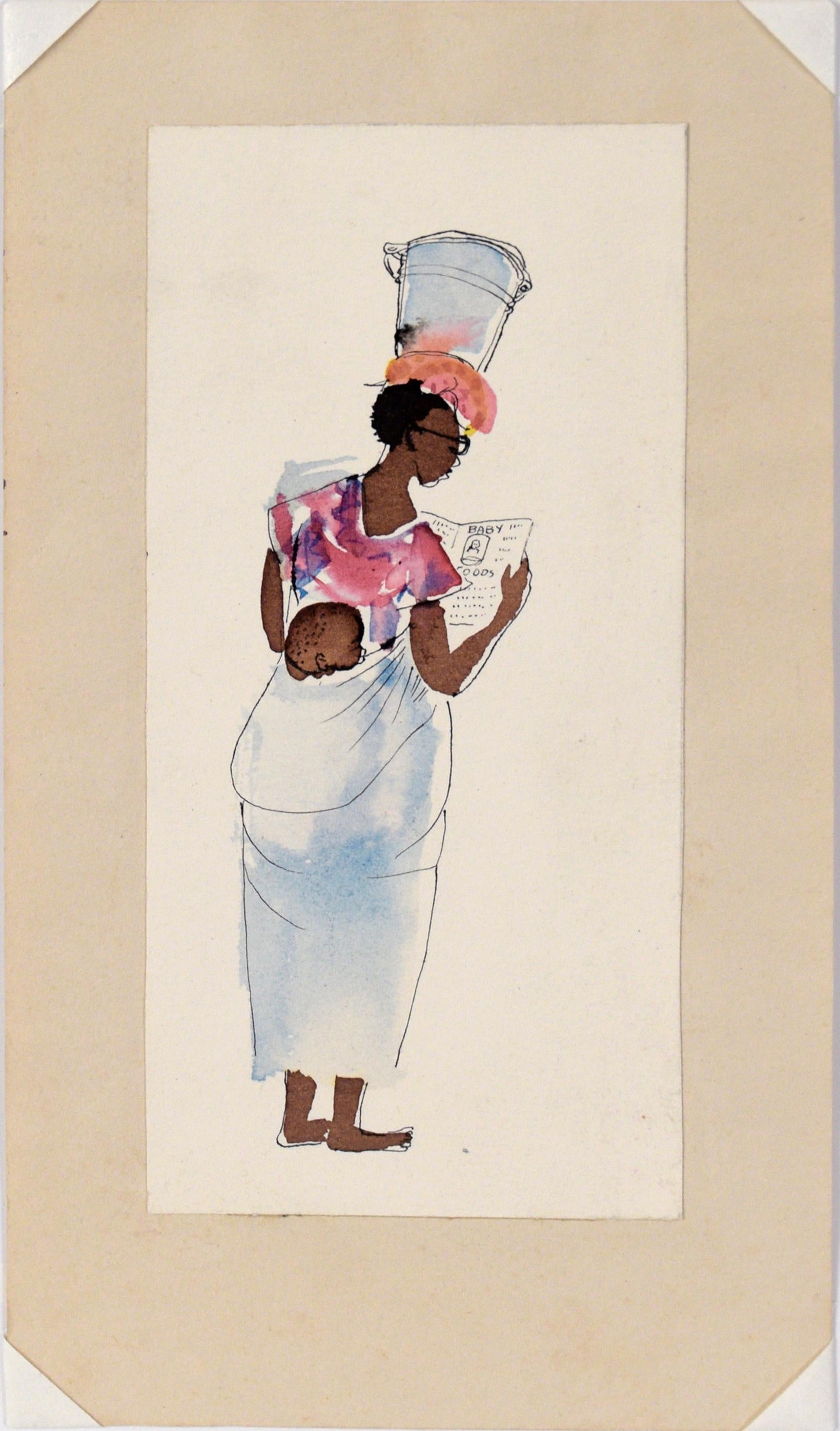 African Mama - Vintage Illustration in Ink and Watercolor For Sale 1