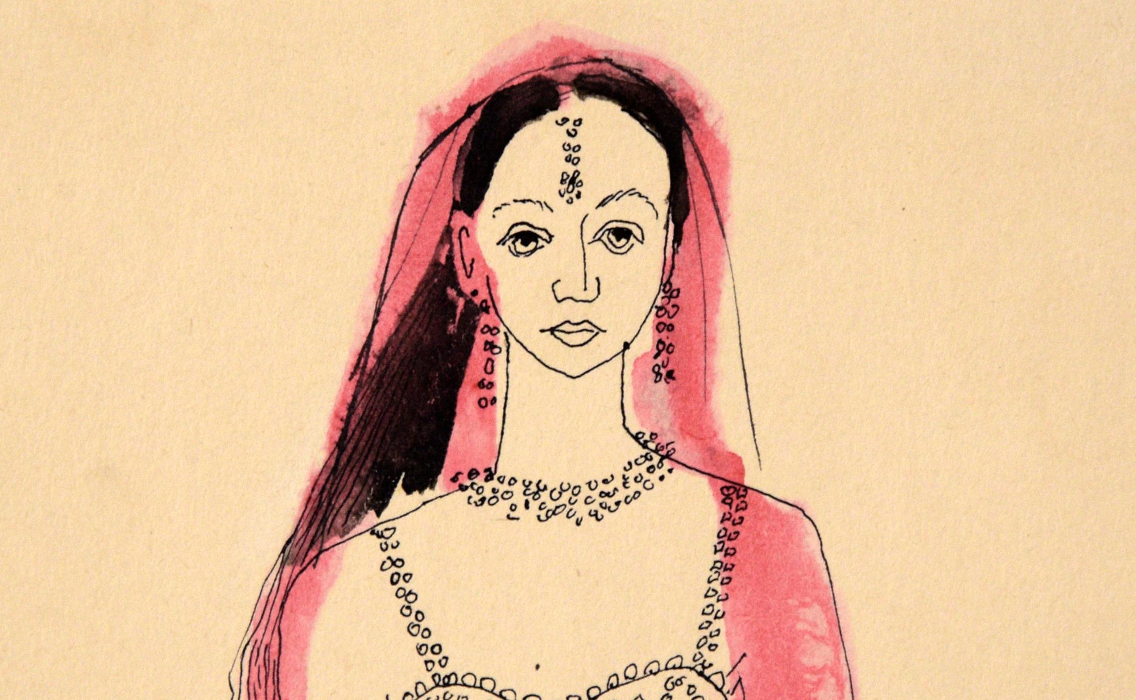 Danseuse indienne - Illustration vintage à l'encre et à l'aquarelle - Art de Irene Pattinson