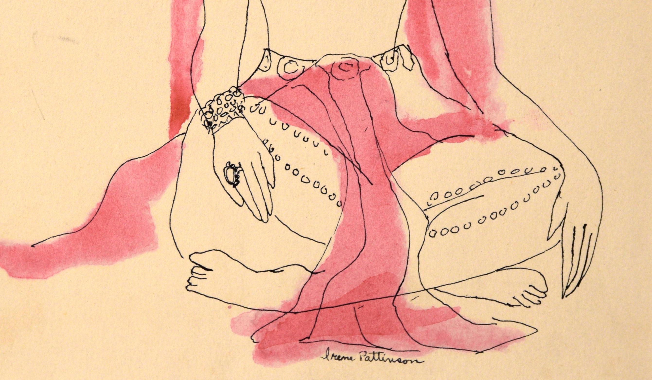 Danseuse indienne - Illustration vintage à l'encre et à l'aquarelle

Dans cette illustration d'Irene Pattinson (américaine, 1909-1999), une femme brune et stoïque, vêtue d'une robe élaborée, est assise les jambes croisées. Pattinson utilise un trait