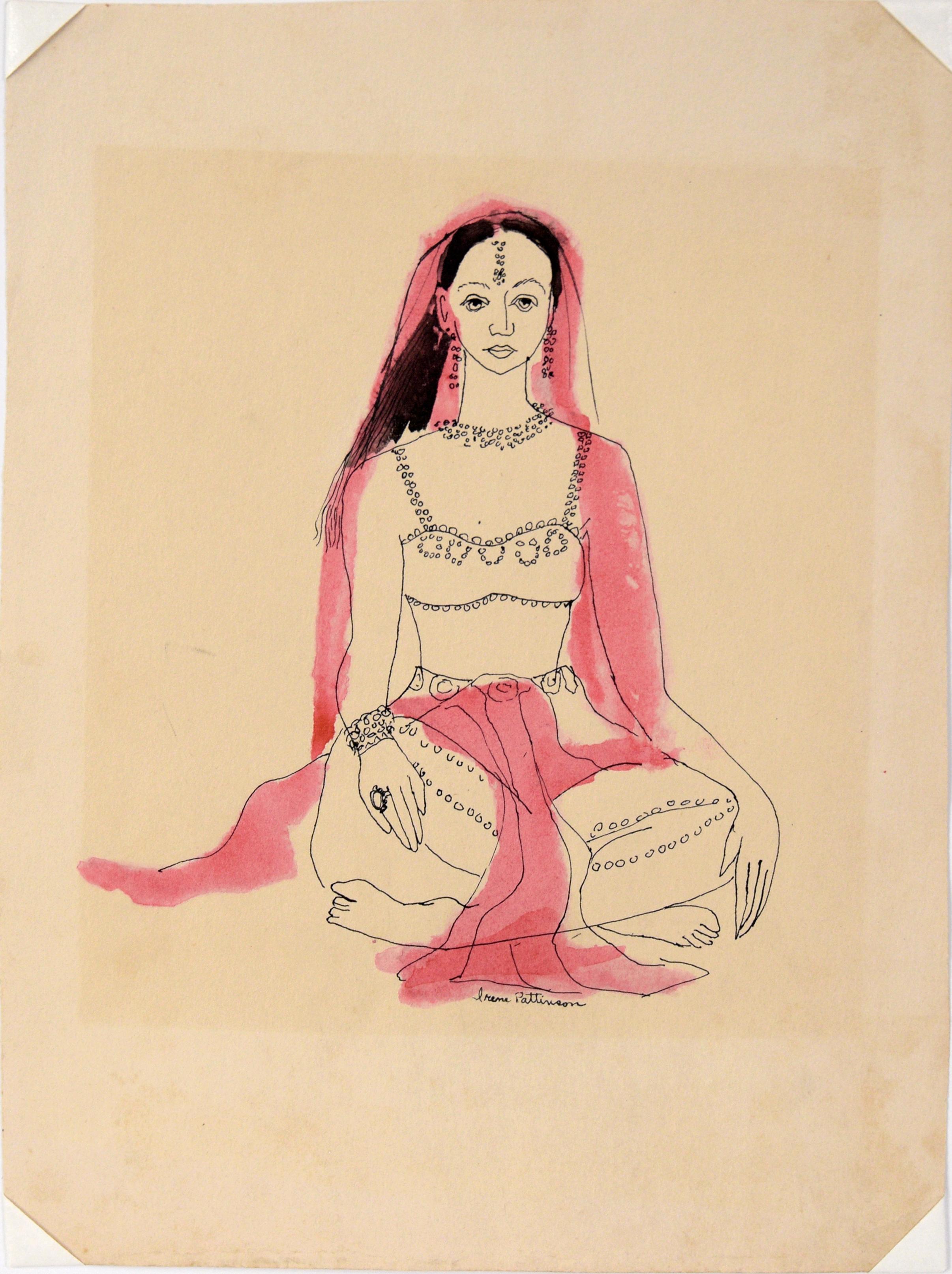 Danseuse indienne - Illustration vintage à l'encre et à l'aquarelle en vente 2