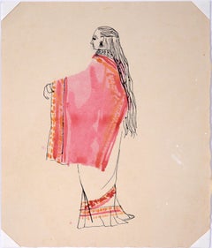 Frau in einer rosa Sari – Vintage-Illustration in Tusche und Aquarell