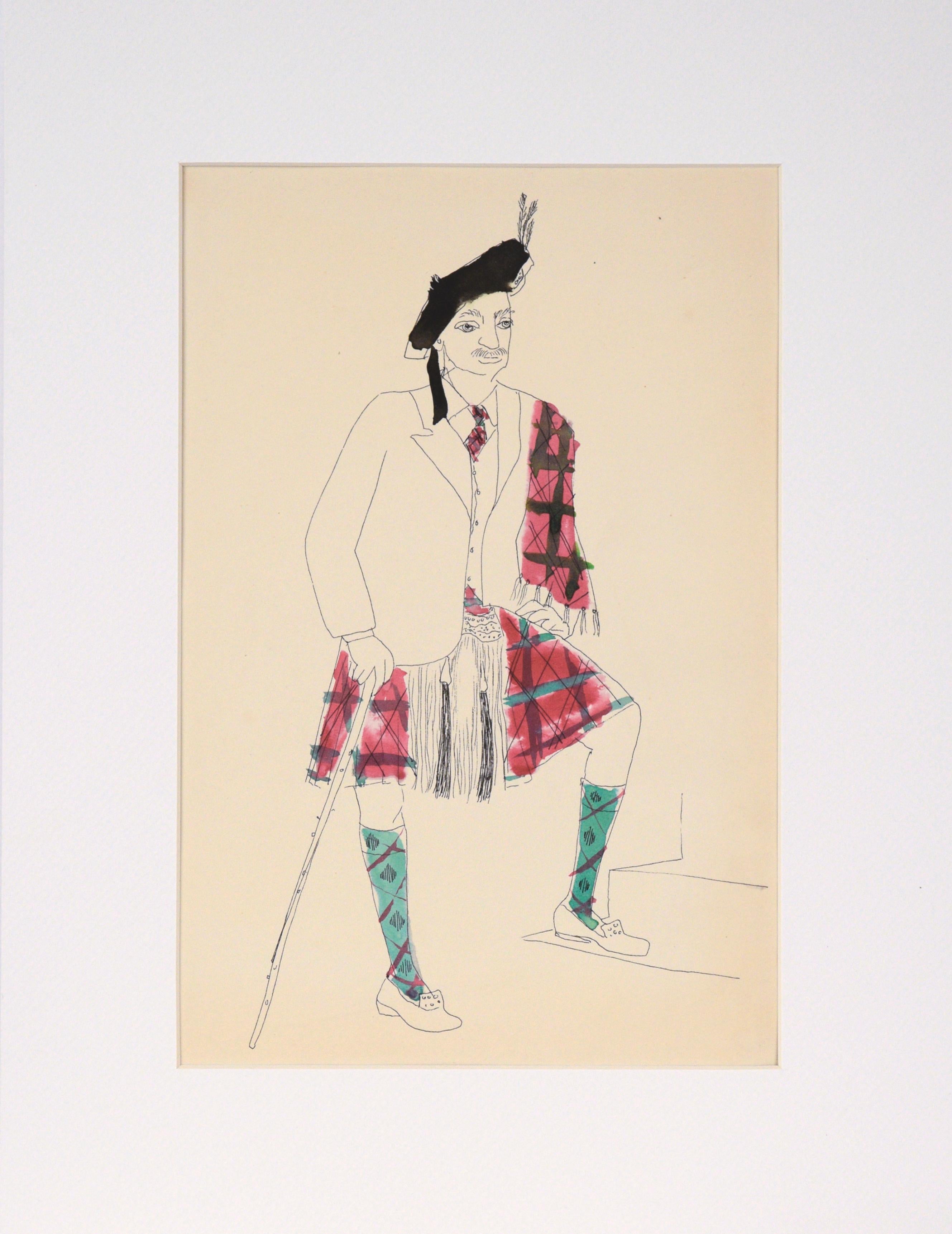 Irene Pattinson Portrait - Man in a Scottish Kilt - Vintage Illustration in Ink and Watercolor