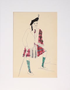 Man in a Scottish Kilt - Retro Illustration in Ink and Watercolor