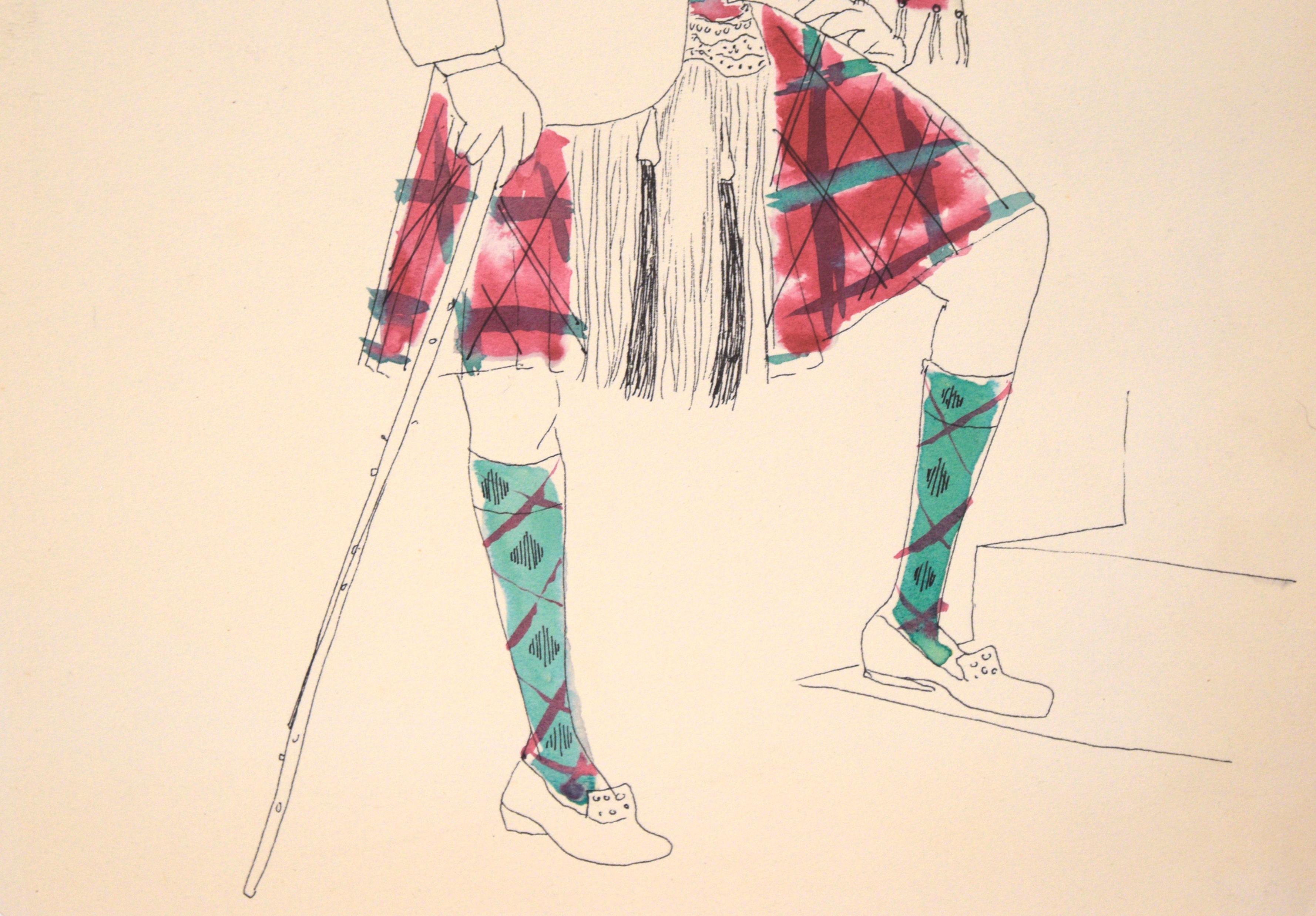 Man in a Scottish Kilt - Vintage Illustration in Ink and Watercolor

A Scottish man stands holding a cane and wearing the traditional dress - a belted tartan in magenta and green with a sporran and a tam hat - in this illustration by Irene Pattinson