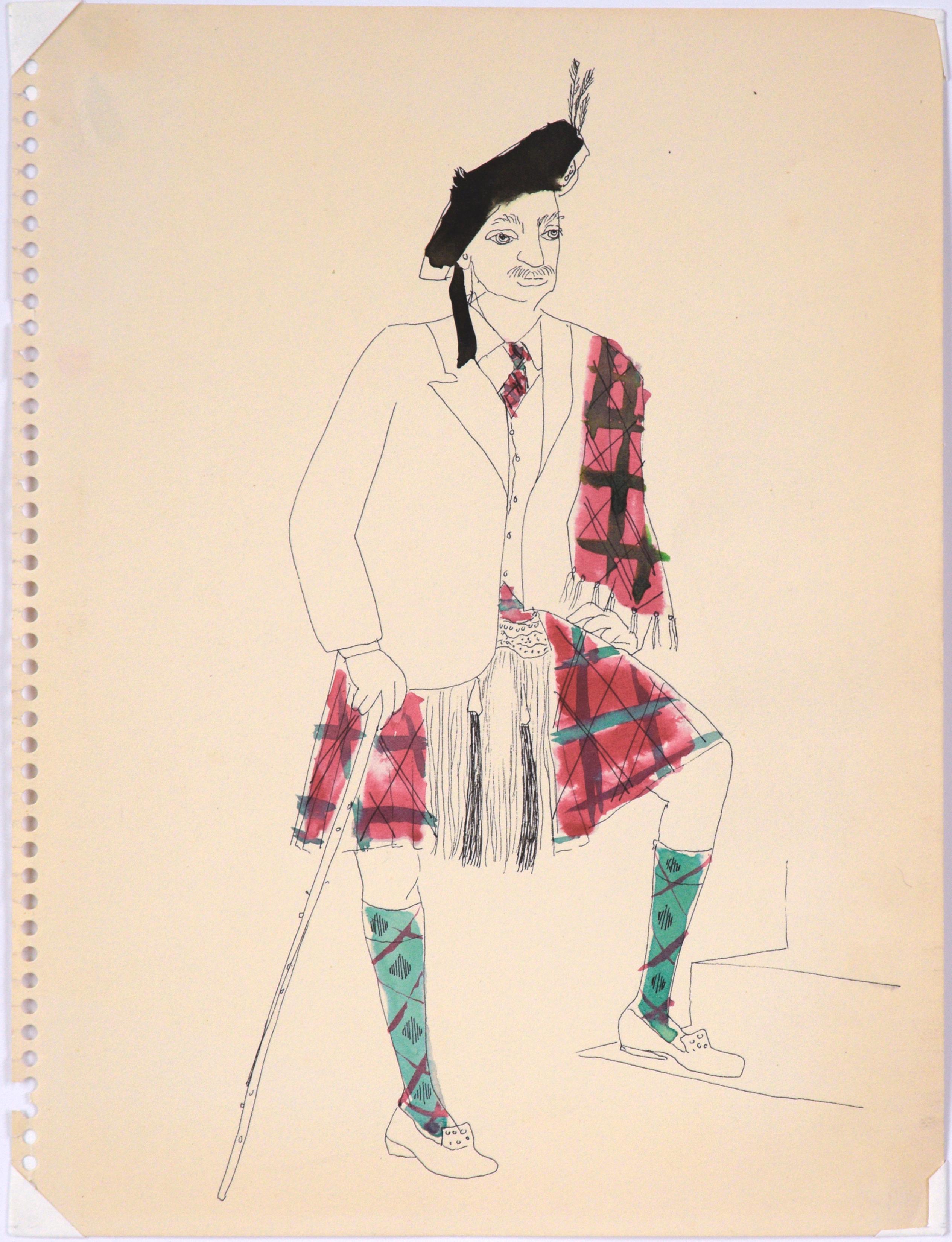 Man in a Scottish Kilt - Vintage Illustration in Ink and Watercolor 1